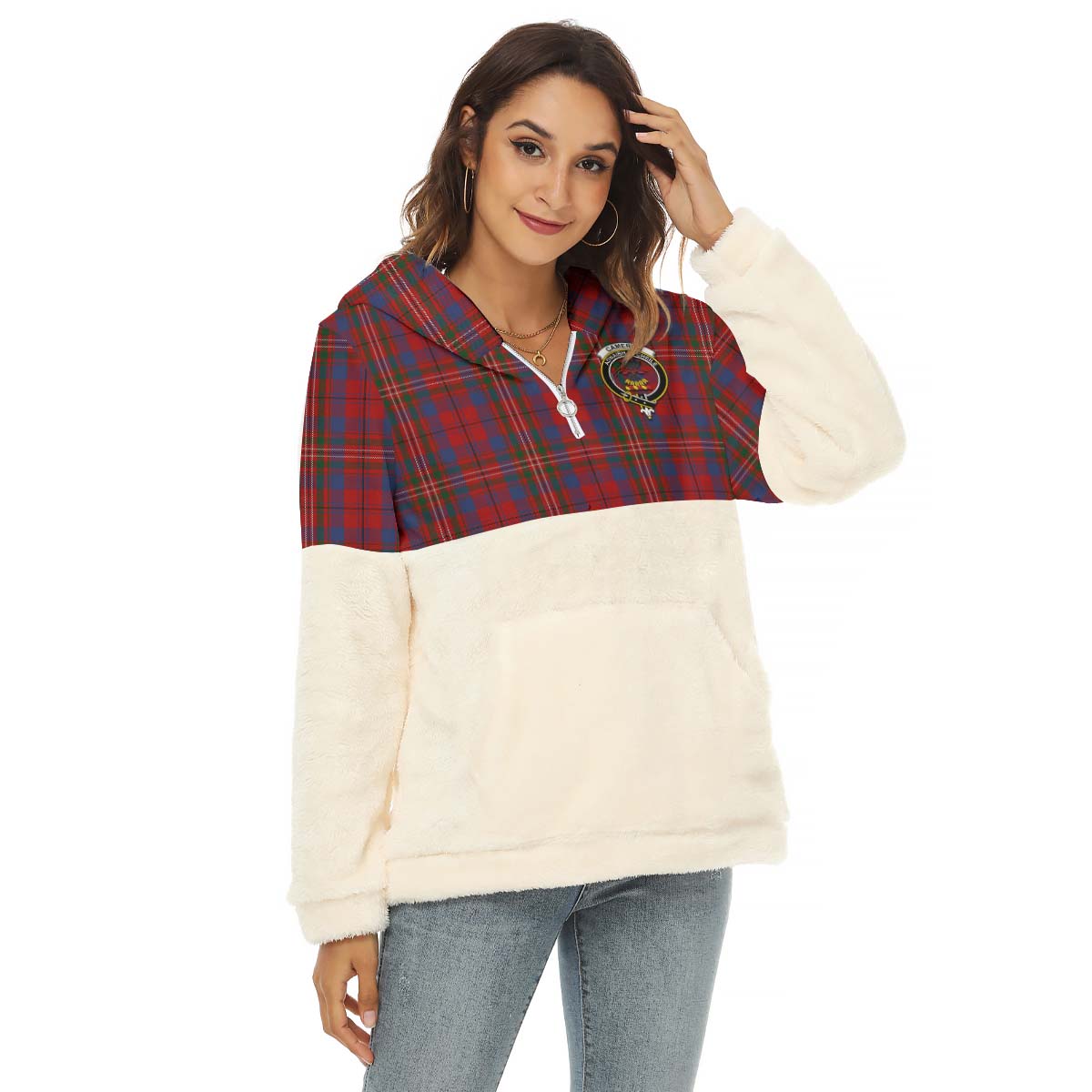 Cameron of Locheil Tartan Women's Borg Fleece Hoodie With Half Zip with Family Crest Female - Tartan Vibes Clothing