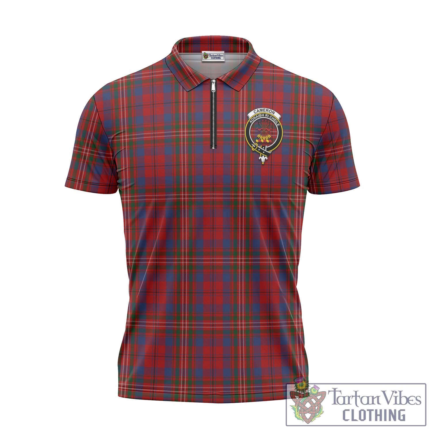 Tartan Vibes Clothing Cameron of Locheil Tartan Zipper Polo Shirt with Family Crest