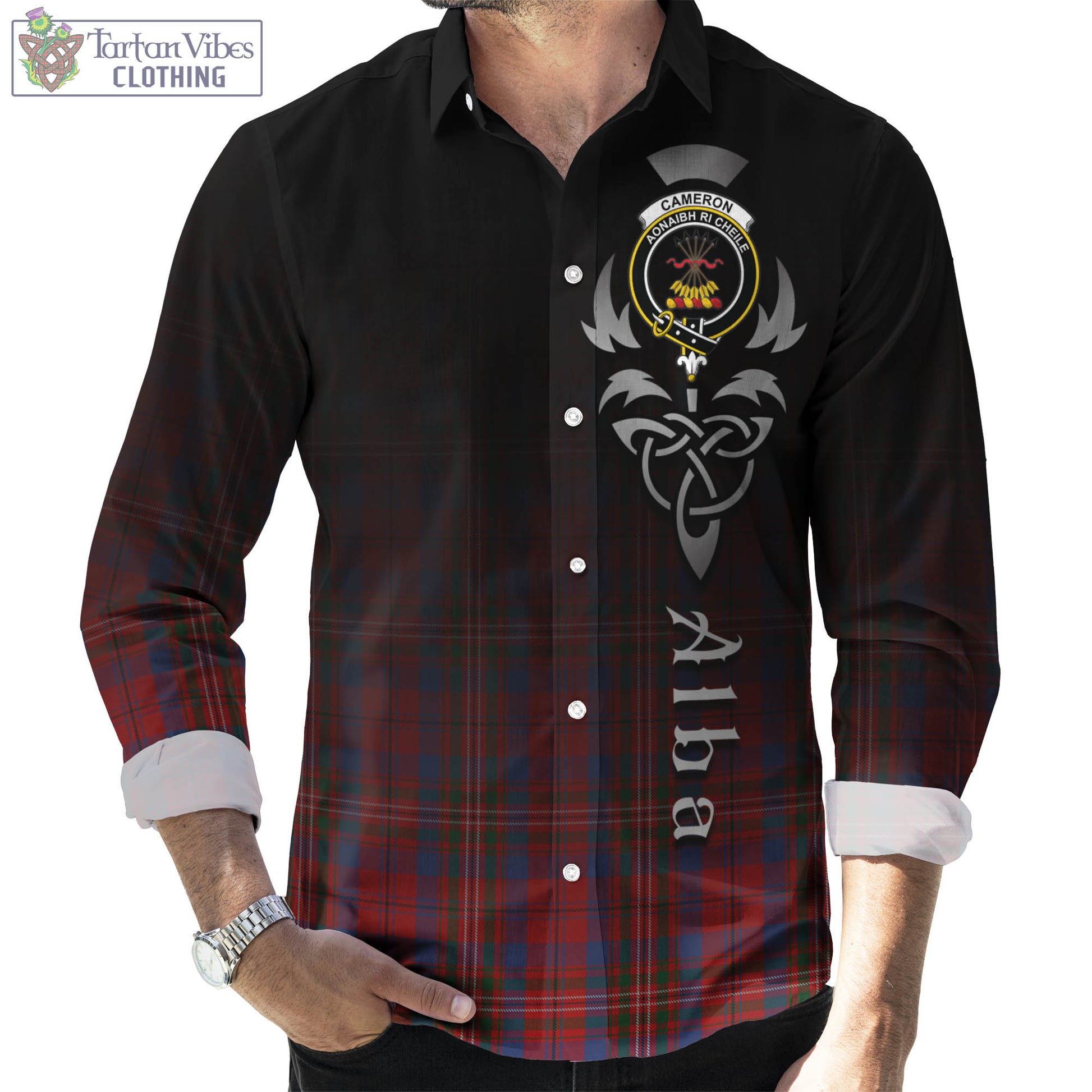 Tartan Vibes Clothing Cameron of Locheil Tartan Long Sleeve Button Up Featuring Alba Gu Brath Family Crest Celtic Inspired