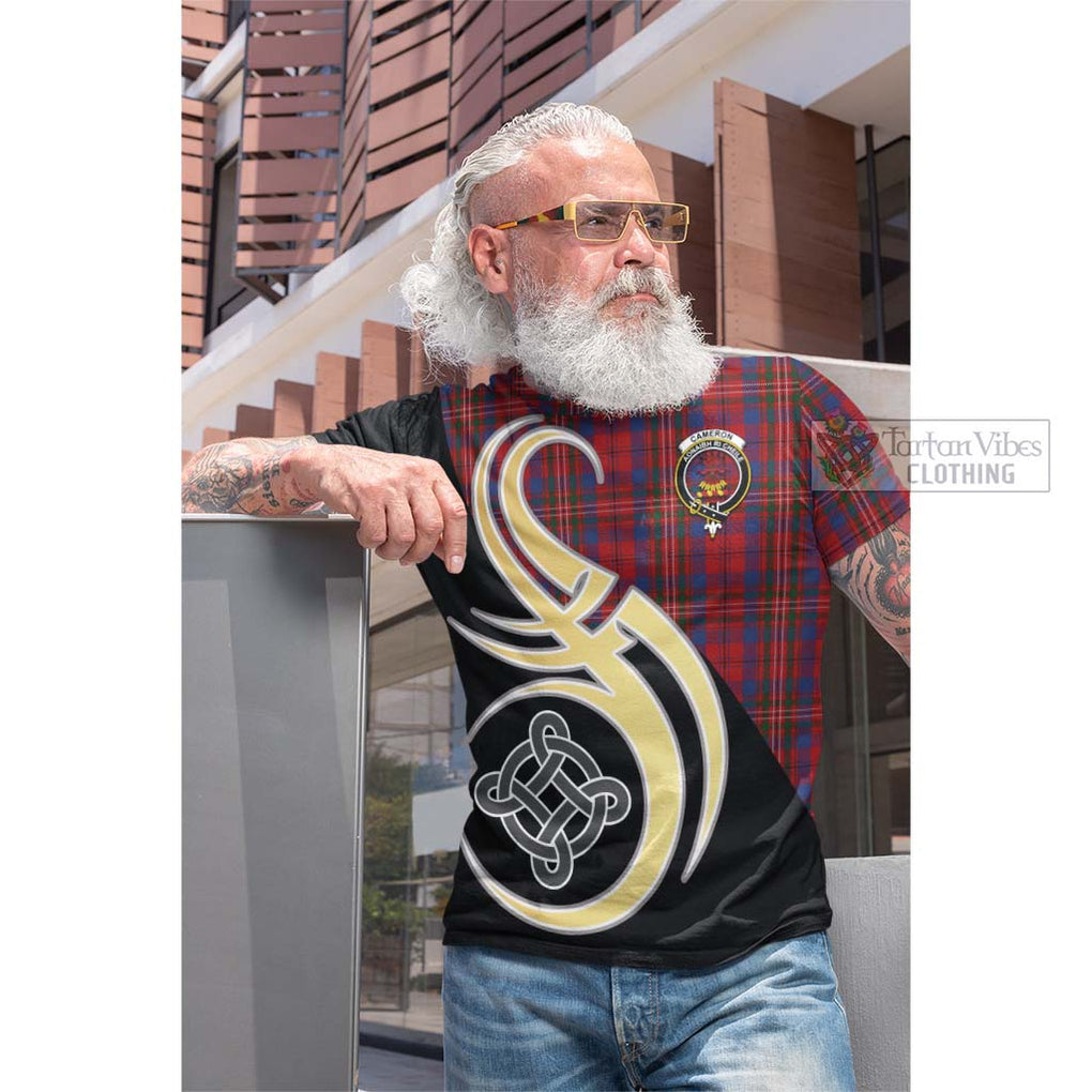 Tartan Vibes Clothing Cameron of Locheil Tartan Cotton T-shirt with Family Crest and Celtic Symbol Style