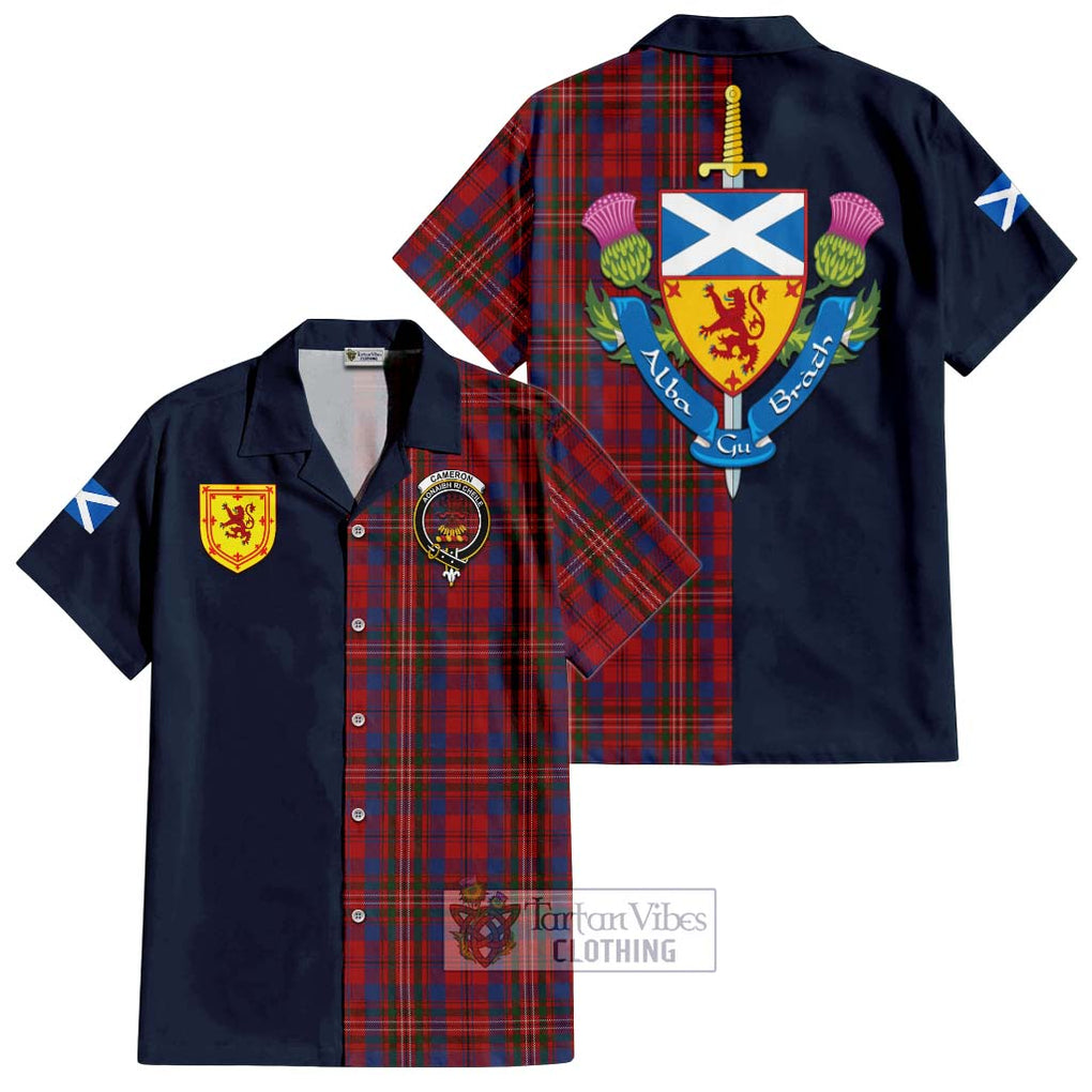 Tartan Vibes Clothing Cameron of Locheil Tartan Short Sleeve Button Shirt with Scottish Lion Royal Arm Half Style