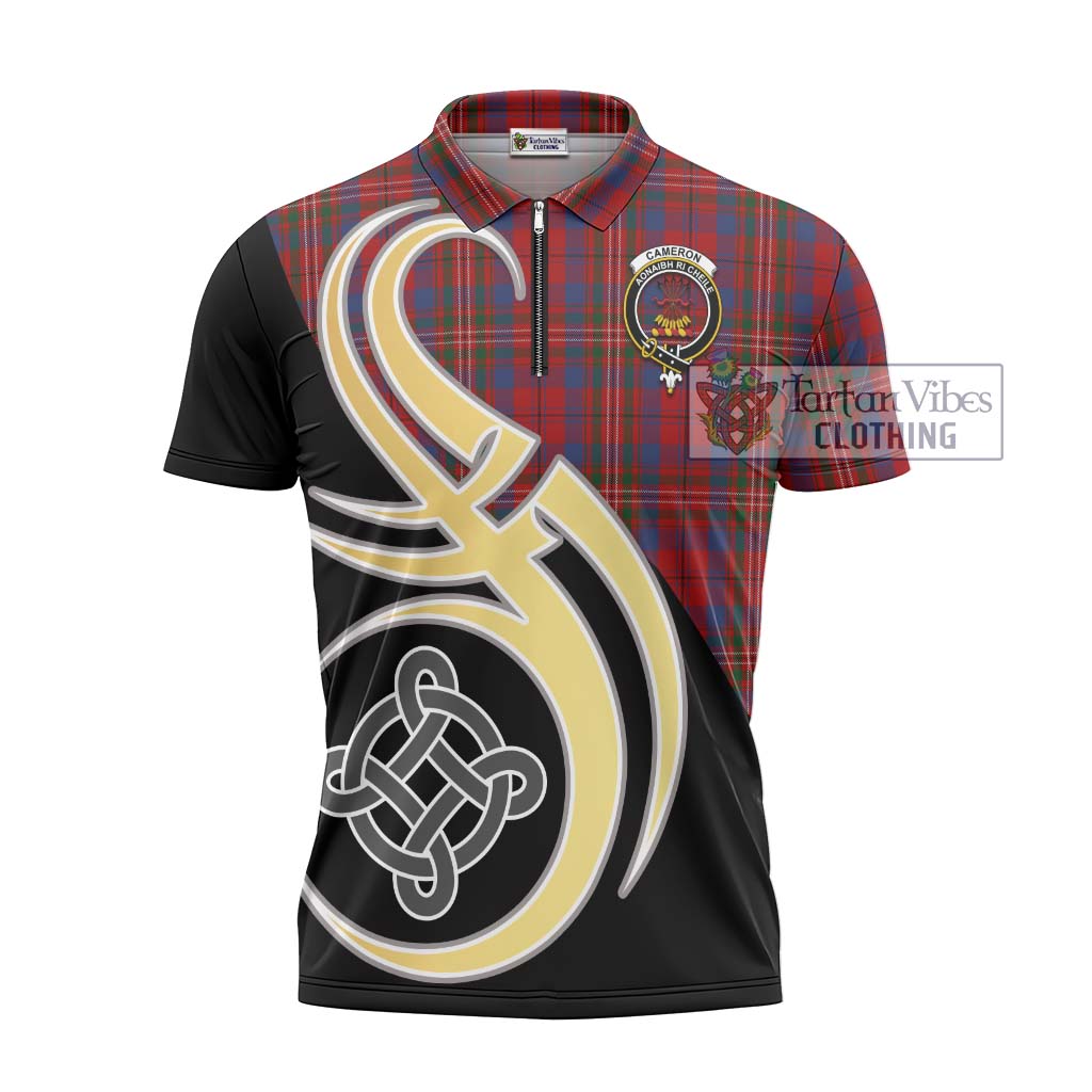 Tartan Vibes Clothing Cameron of Locheil Tartan Zipper Polo Shirt with Family Crest and Celtic Symbol Style