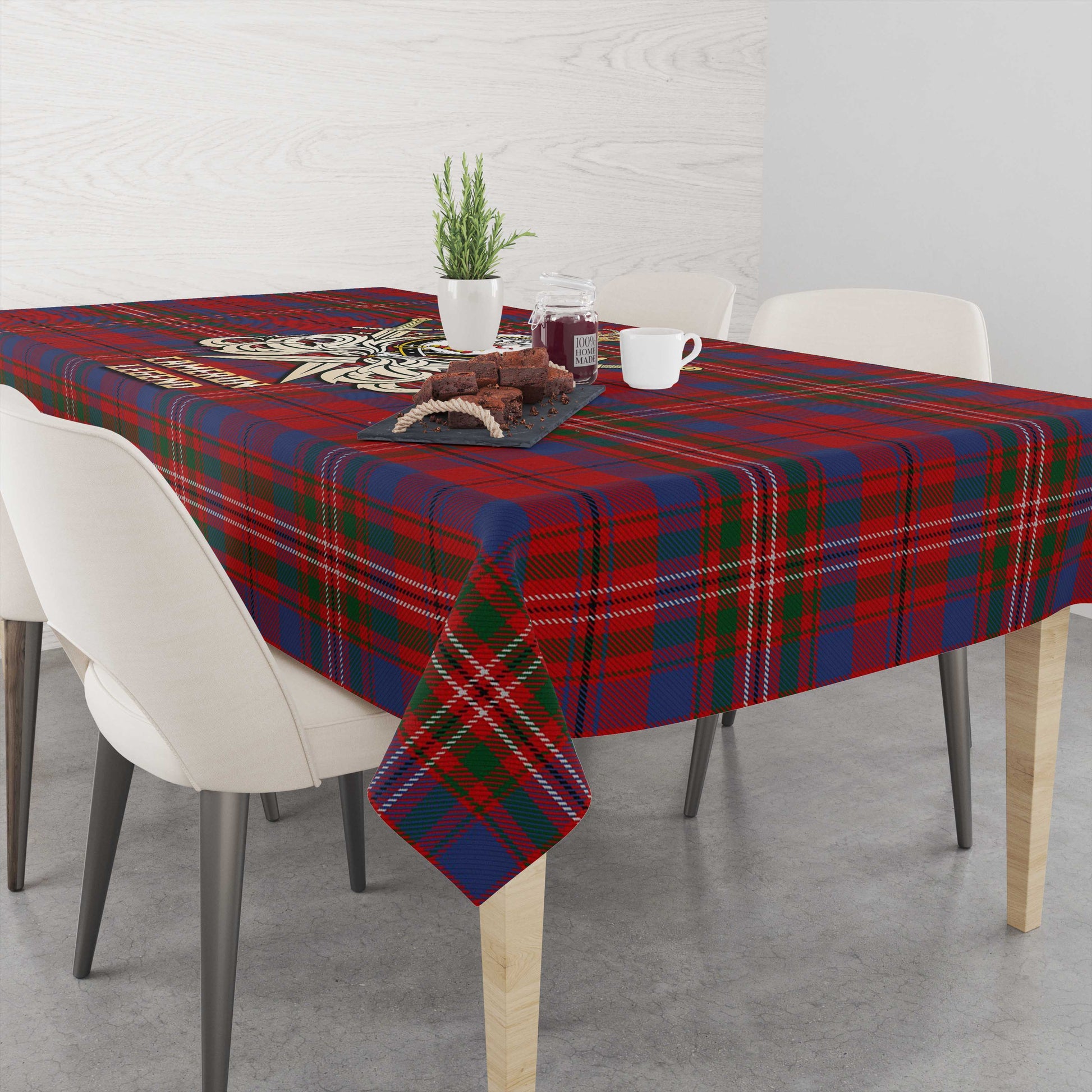 Tartan Vibes Clothing Cameron of Locheil Tartan Tablecloth with Clan Crest and the Golden Sword of Courageous Legacy