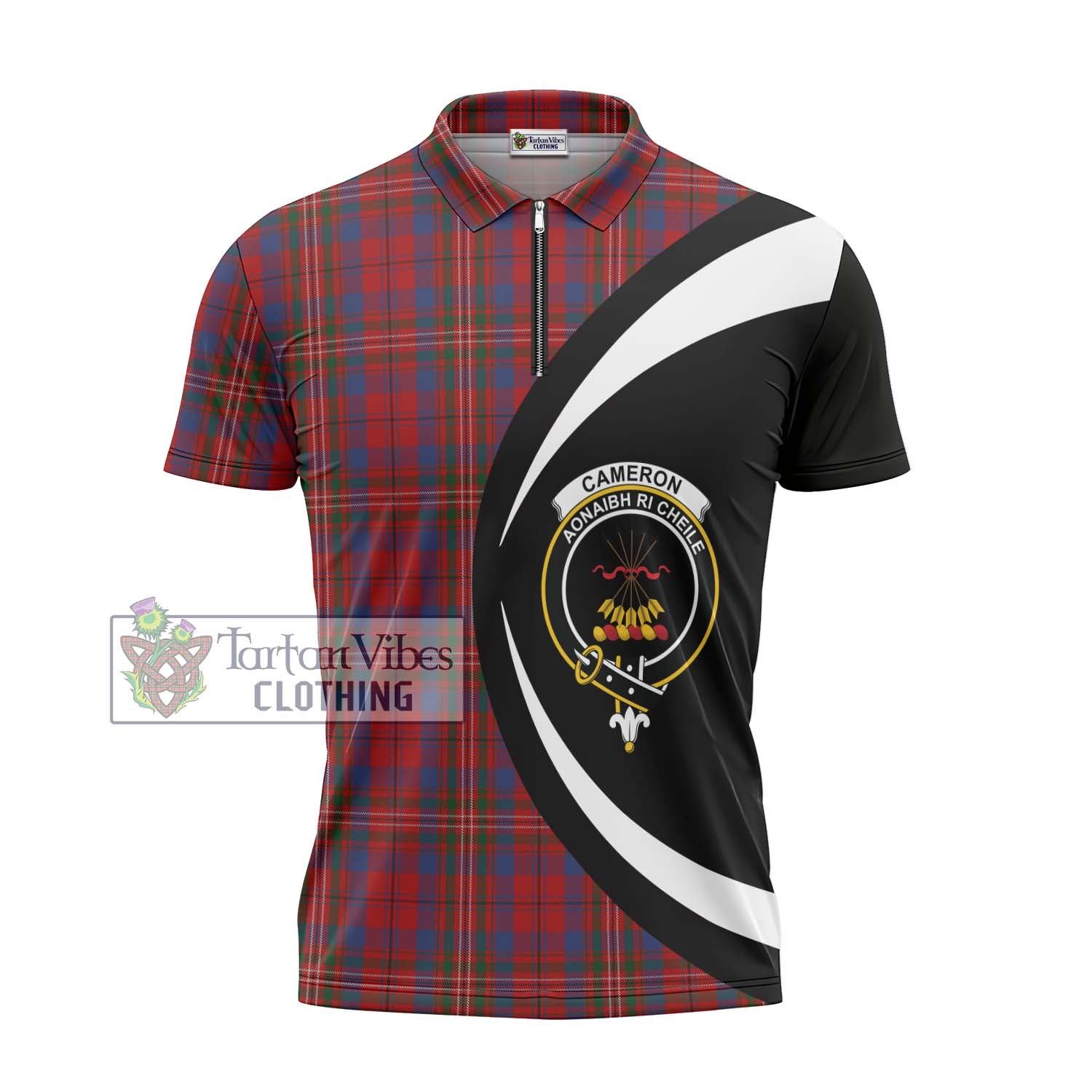 Tartan Vibes Clothing Cameron of Locheil Tartan Zipper Polo Shirt with Family Crest Circle Style