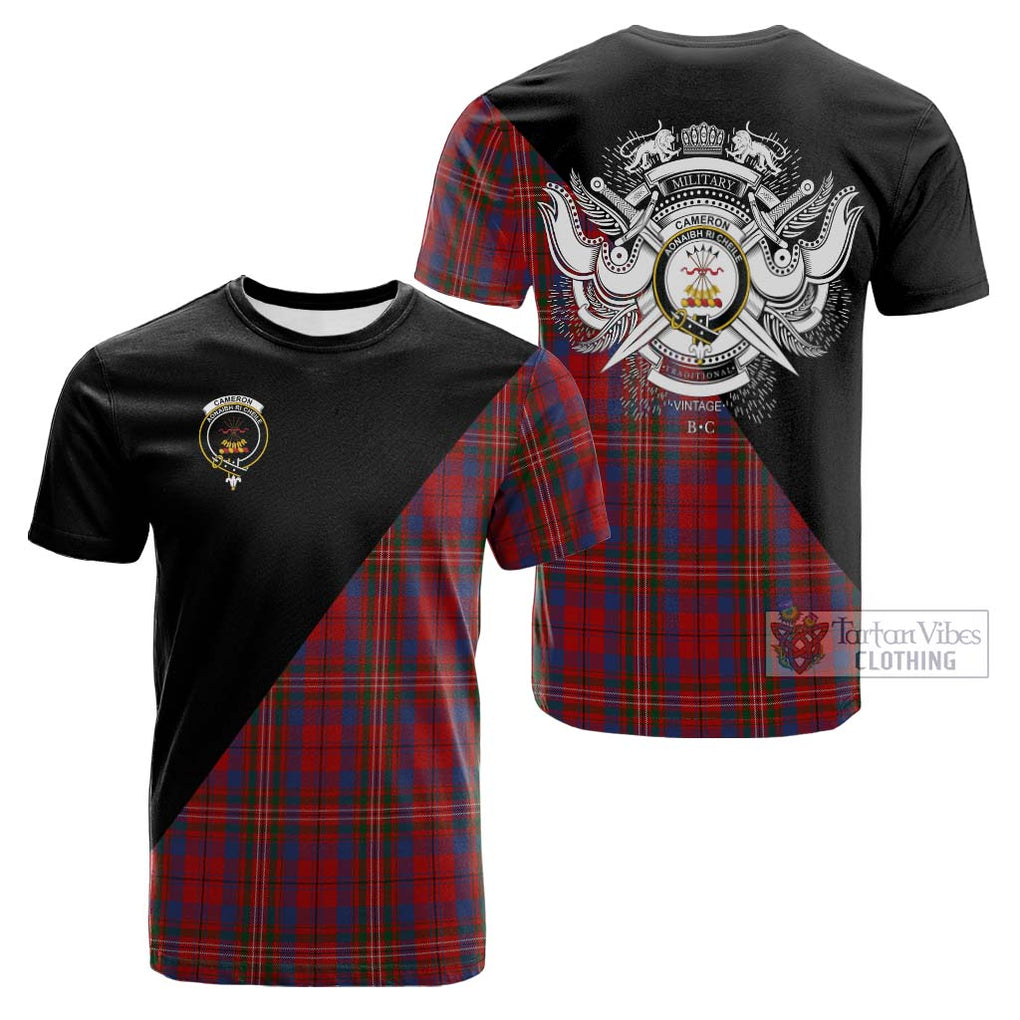 Tartan Vibes Clothing Cameron of Locheil Tartan Cotton T-shirt with Family Crest and Military Logo Style