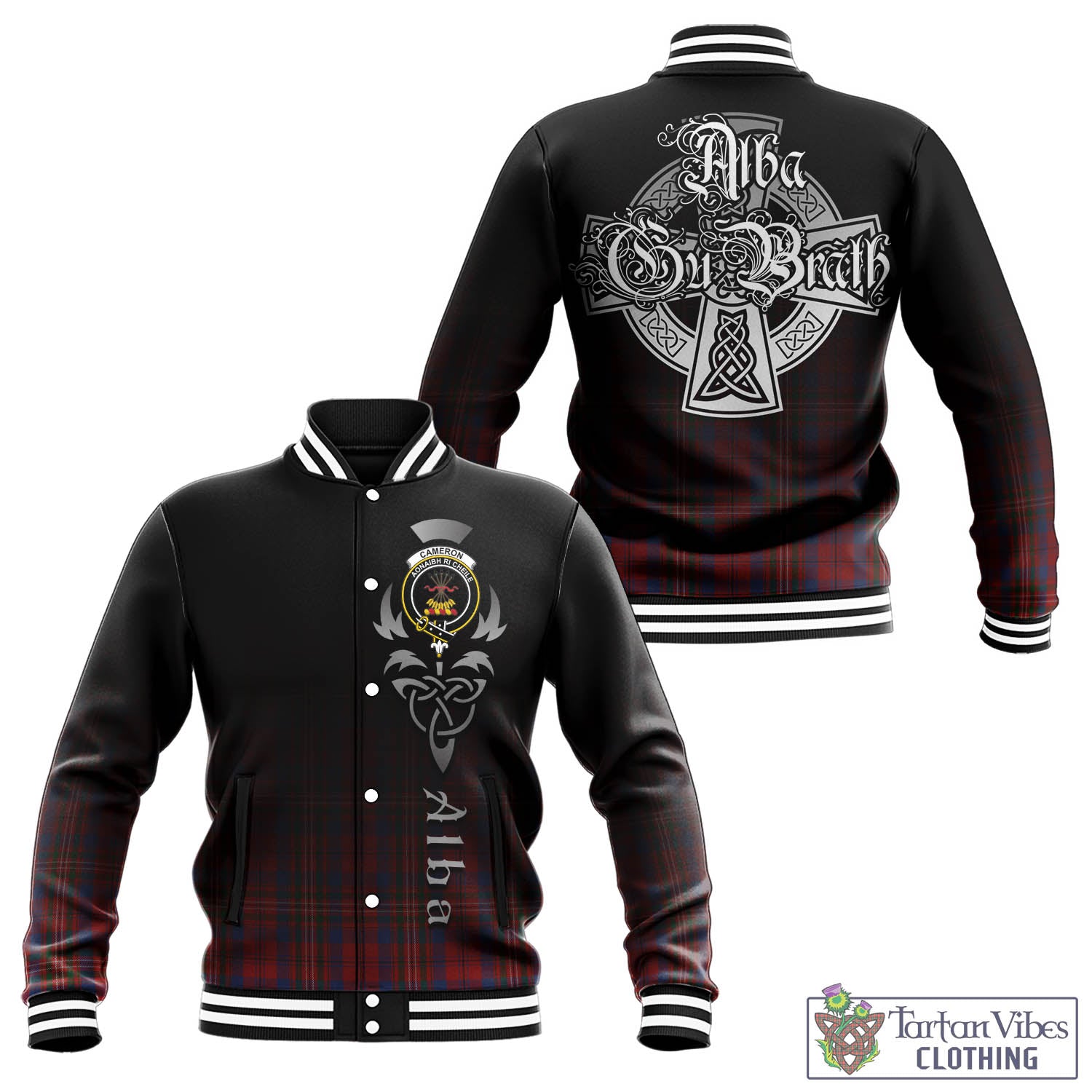 Tartan Vibes Clothing Cameron of Locheil Tartan Baseball Jacket Featuring Alba Gu Brath Family Crest Celtic Inspired