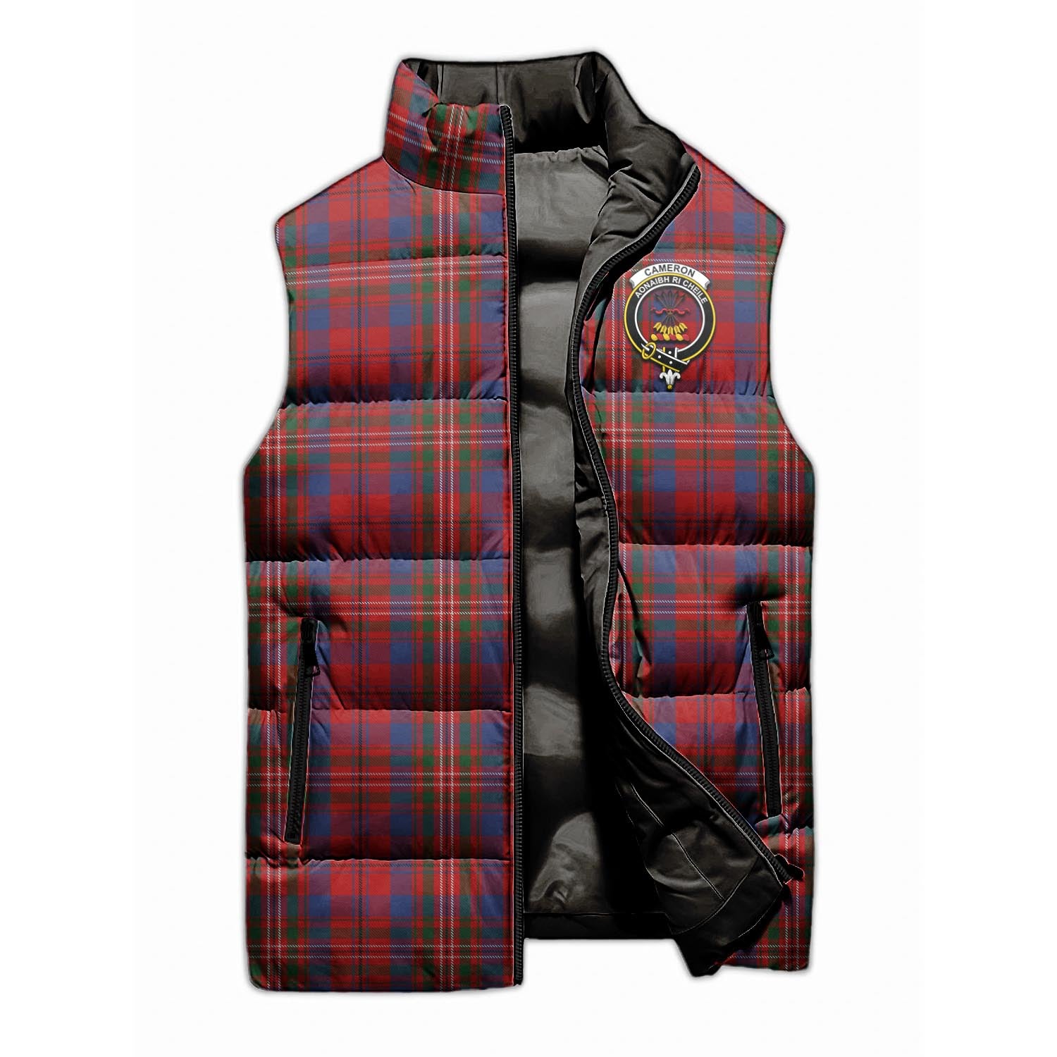 Cameron of Locheil Tartan Sleeveless Puffer Jacket with Family Crest - Tartanvibesclothing