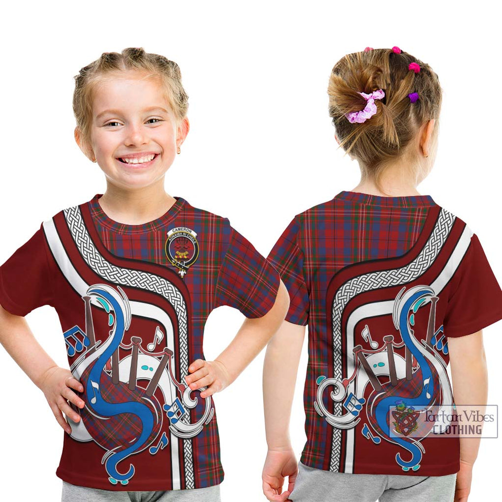 Tartan Vibes Clothing Cameron of Locheil Tartan Kid T-Shirt with Epic Bagpipe Style