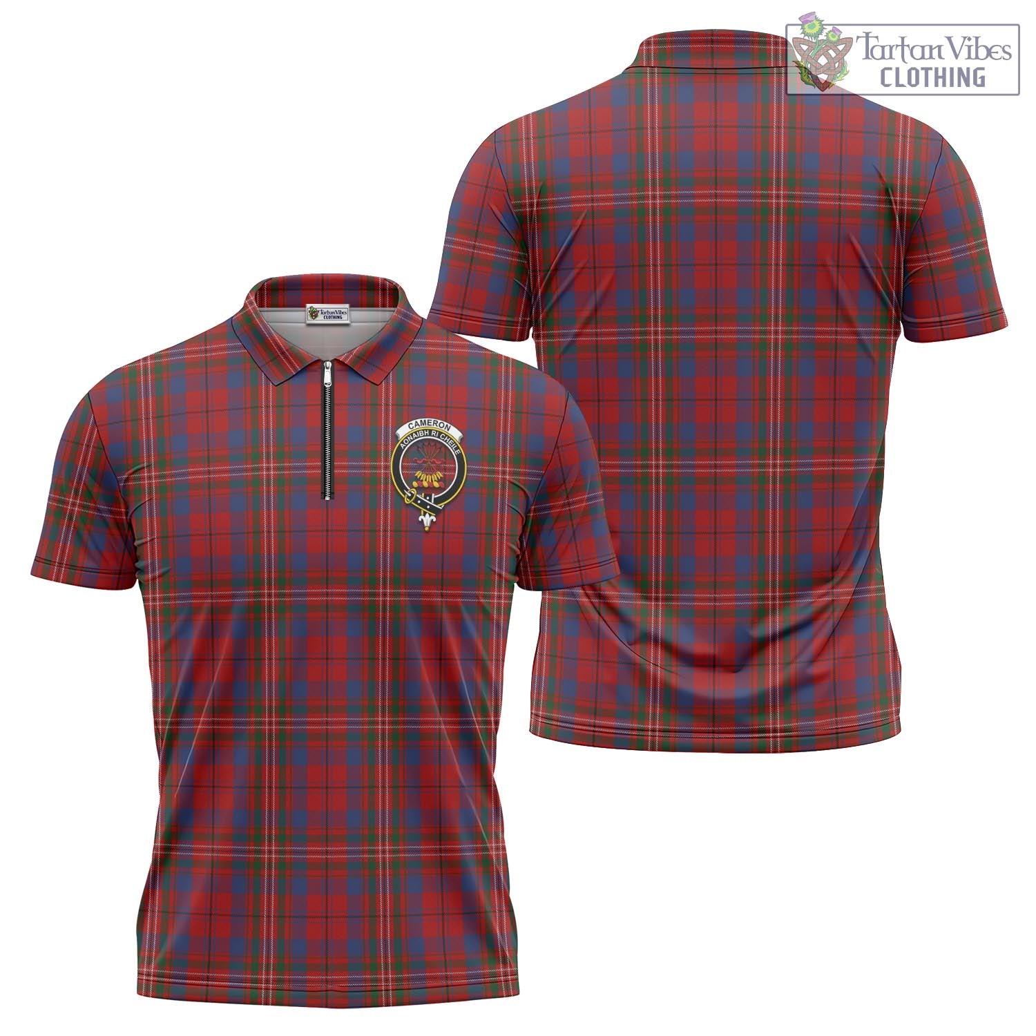 Tartan Vibes Clothing Cameron of Locheil Tartan Zipper Polo Shirt with Family Crest