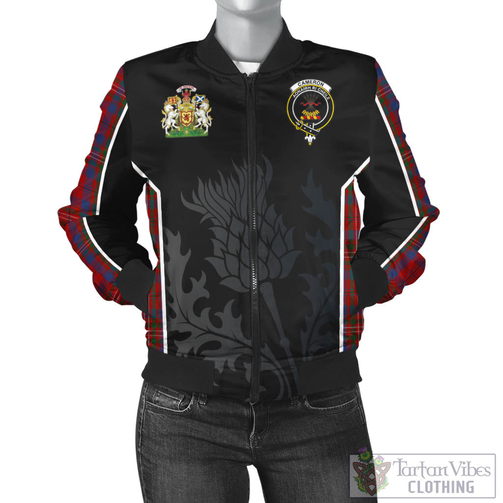 Tartan Vibes Clothing Cameron of Locheil Tartan Bomber Jacket with Family Crest and Scottish Thistle Vibes Sport Style