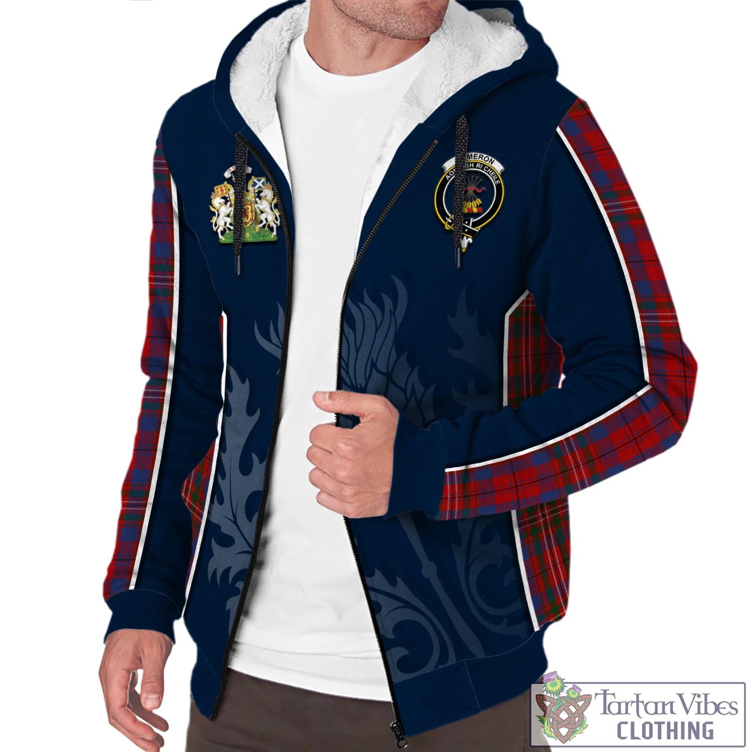 Tartan Vibes Clothing Cameron of Locheil Tartan Sherpa Hoodie with Family Crest and Scottish Thistle Vibes Sport Style