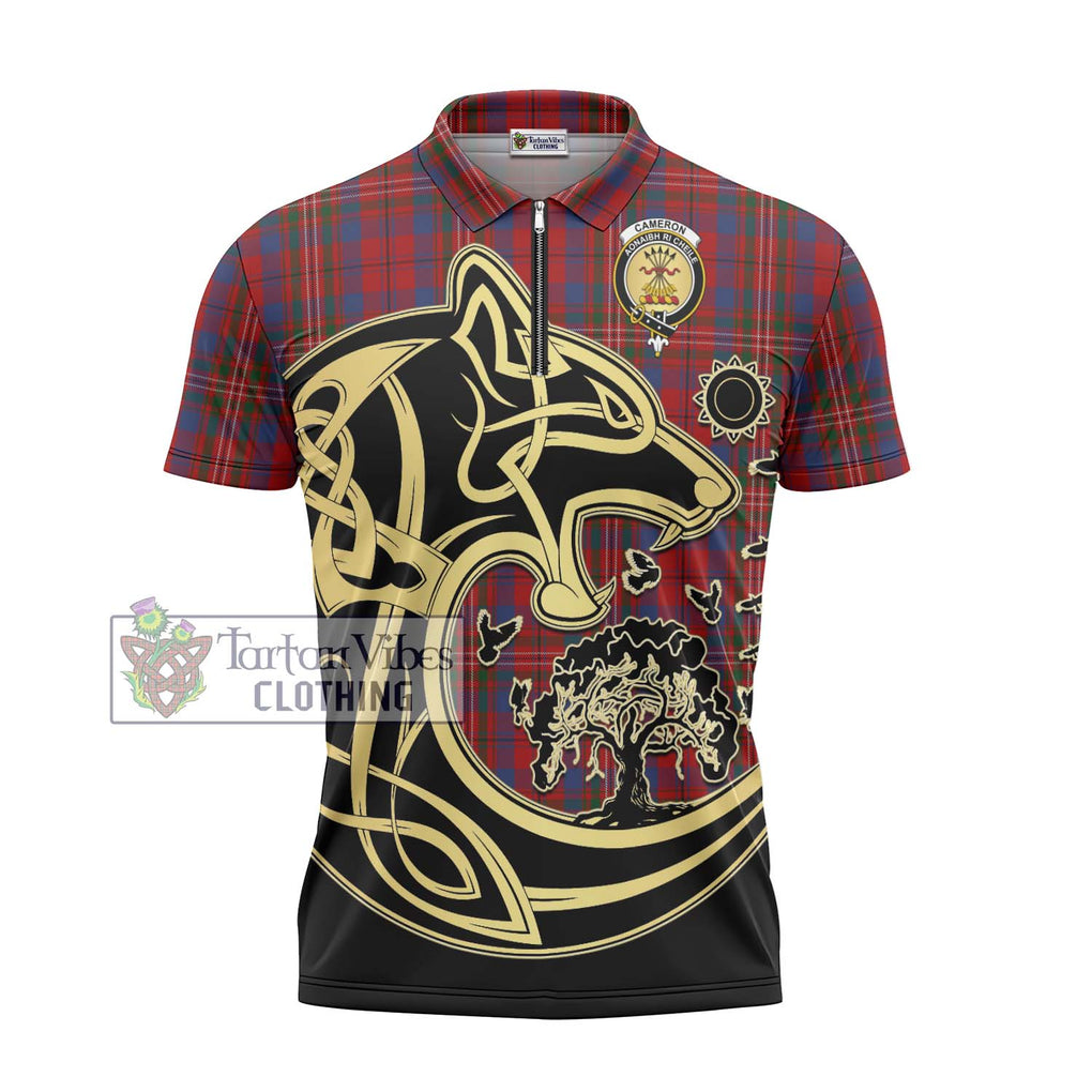 Cameron of Locheil Tartan Zipper Polo Shirt with Family Crest Celtic Wolf Style - Tartanvibesclothing Shop