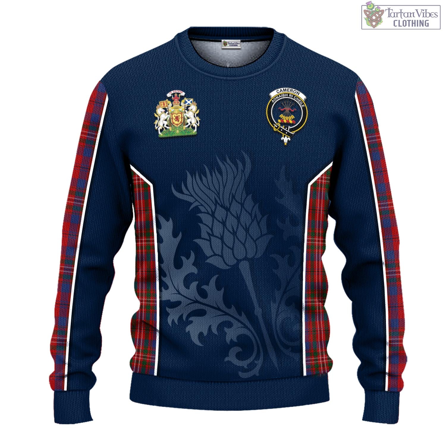 Tartan Vibes Clothing Cameron of Locheil Tartan Knitted Sweatshirt with Family Crest and Scottish Thistle Vibes Sport Style