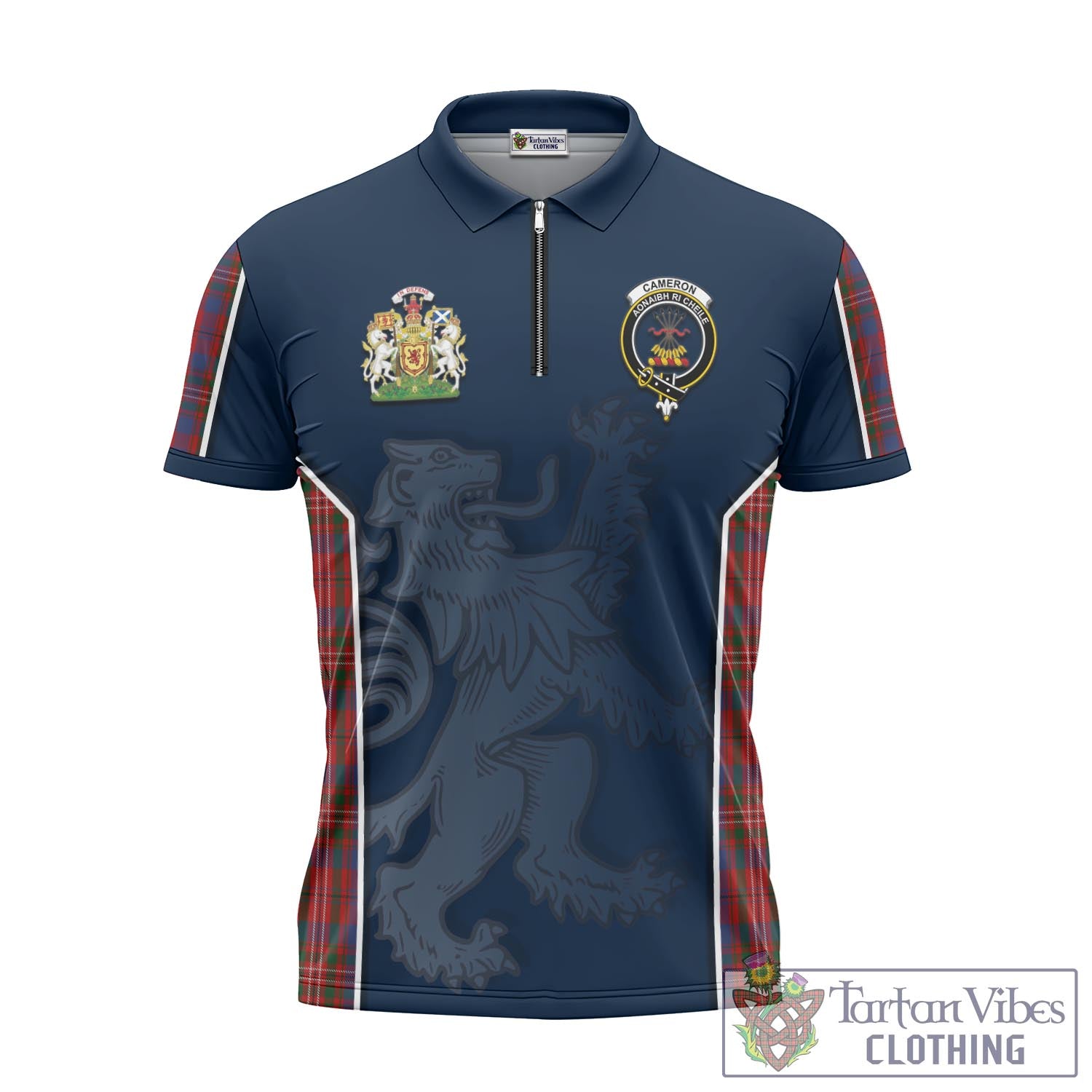 Tartan Vibes Clothing Cameron of Locheil Tartan Zipper Polo Shirt with Family Crest and Lion Rampant Vibes Sport Style