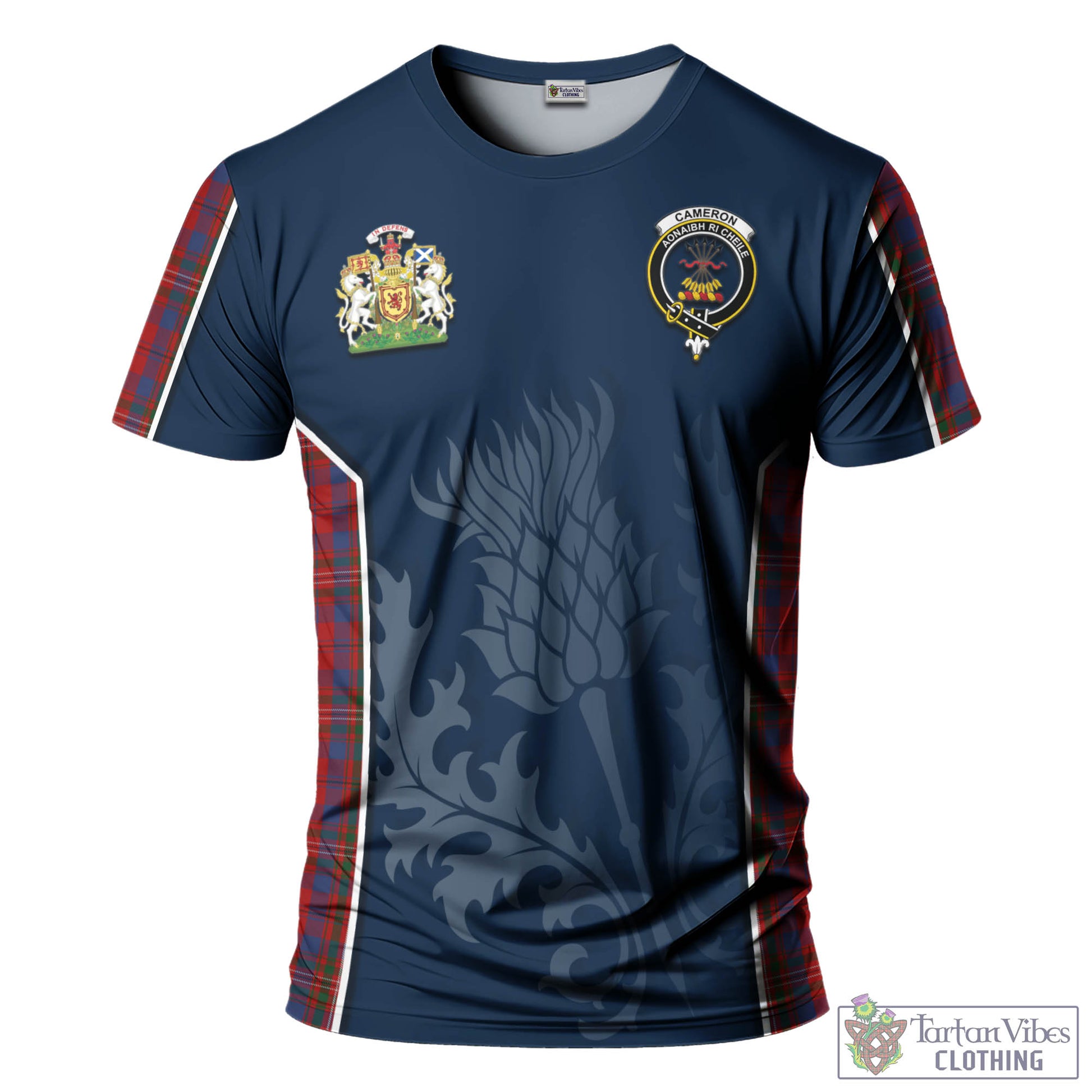 Tartan Vibes Clothing Cameron of Locheil Tartan T-Shirt with Family Crest and Scottish Thistle Vibes Sport Style