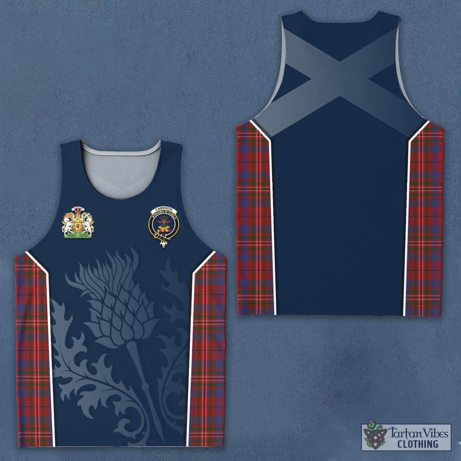 Tartan Vibes Clothing Cameron of Locheil Tartan Men's Tanks Top with Family Crest and Scottish Thistle Vibes Sport Style