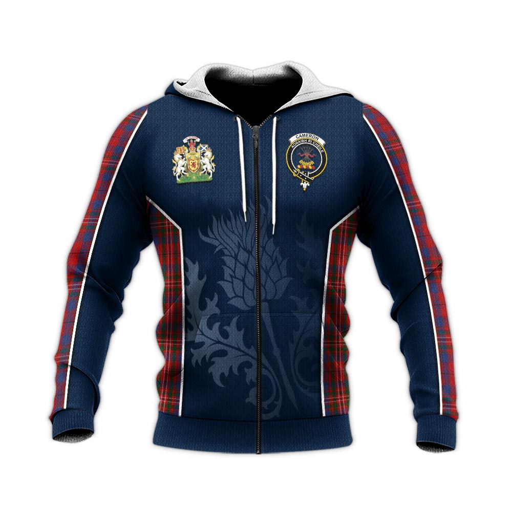 Tartan Vibes Clothing Cameron of Locheil Tartan Knitted Hoodie with Family Crest and Scottish Thistle Vibes Sport Style