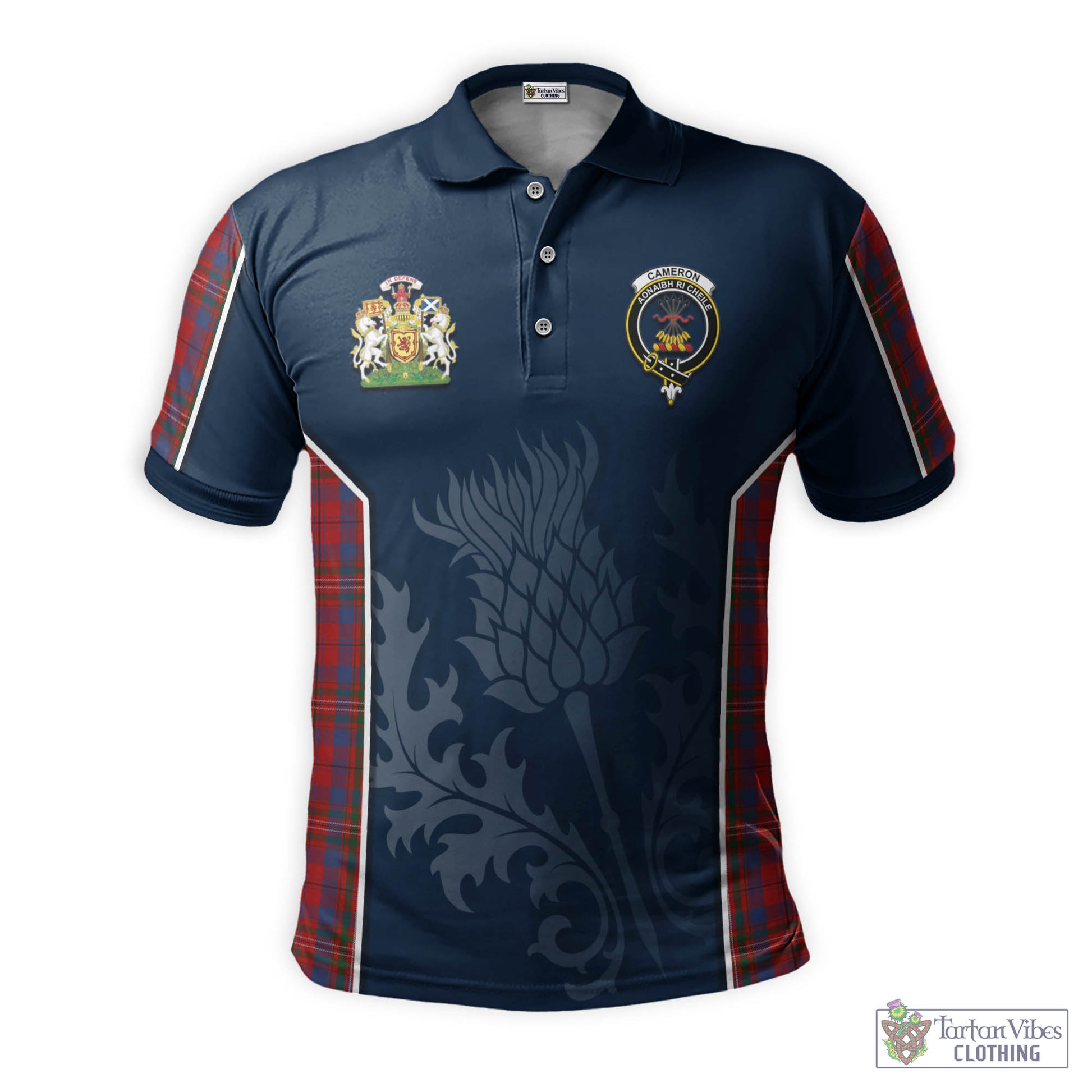 Tartan Vibes Clothing Cameron of Locheil Tartan Men's Polo Shirt with Family Crest and Scottish Thistle Vibes Sport Style