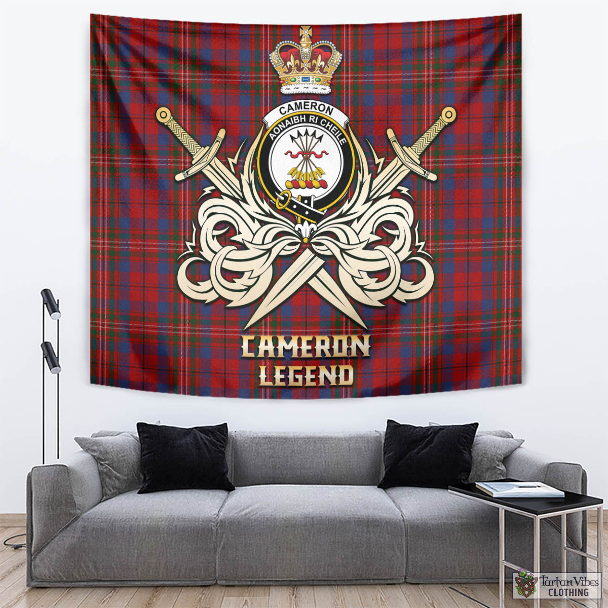 Tartan Vibes Clothing Cameron of Locheil Tartan Tapestry with Clan Crest and the Golden Sword of Courageous Legacy