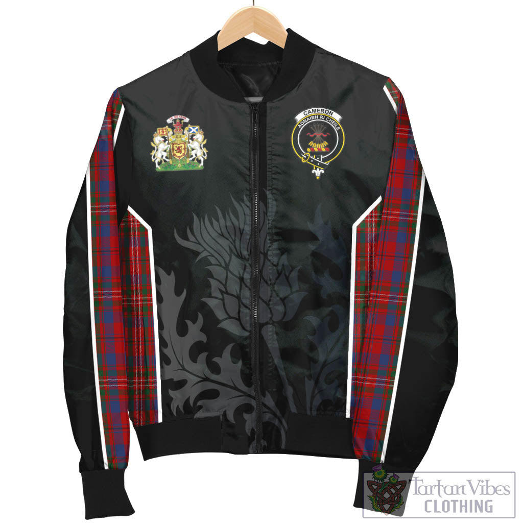 Tartan Vibes Clothing Cameron of Locheil Tartan Bomber Jacket with Family Crest and Scottish Thistle Vibes Sport Style