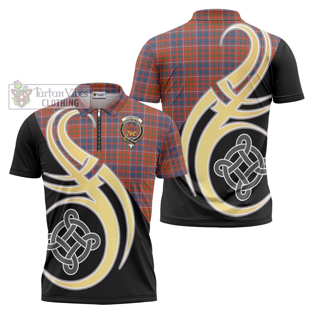 Tartan Vibes Clothing Cameron of Lochiel Ancient Tartan Zipper Polo Shirt with Family Crest and Celtic Symbol Style