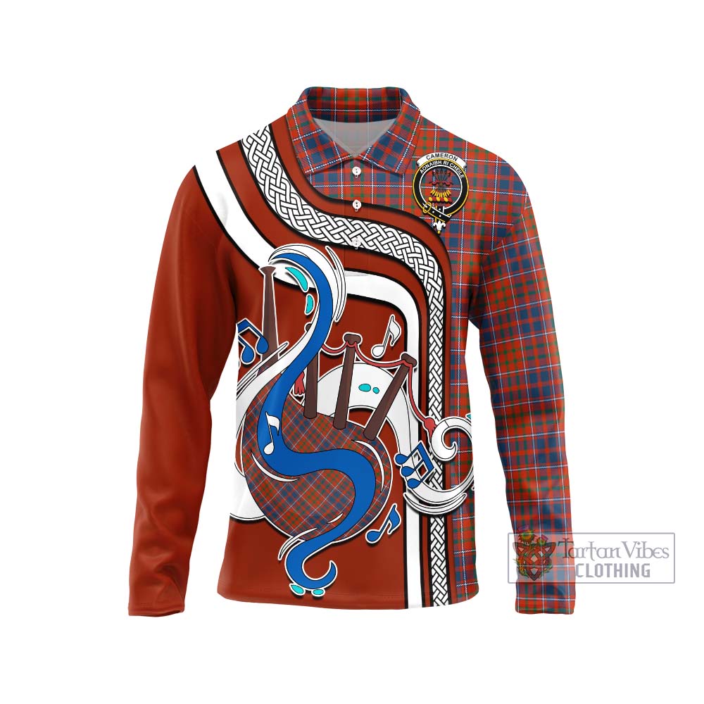 Tartan Vibes Clothing Cameron of Lochiel Ancient Tartan Long Sleeve Polo Shirt with Epic Bagpipe Style