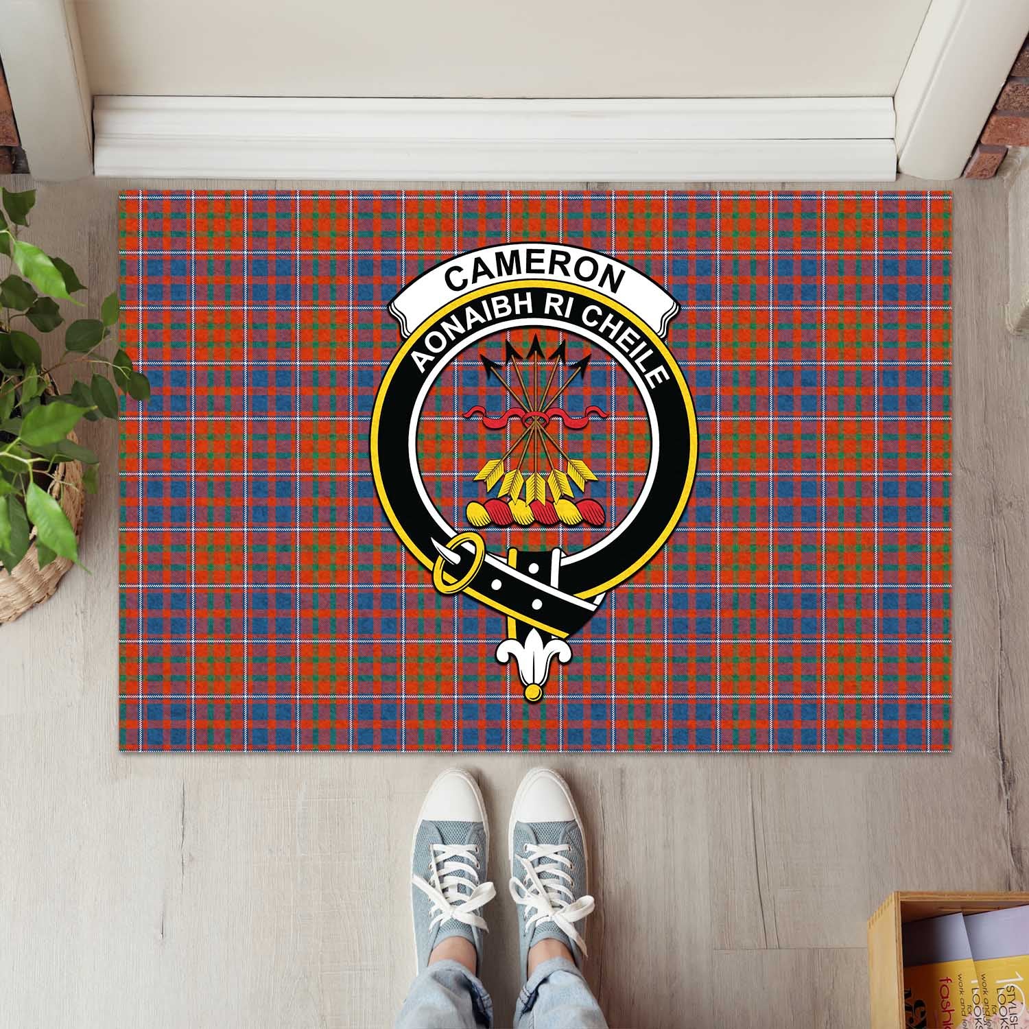 Cameron of Lochiel Ancient Tartan Door Mat with Family Crest - Tartanvibesclothing