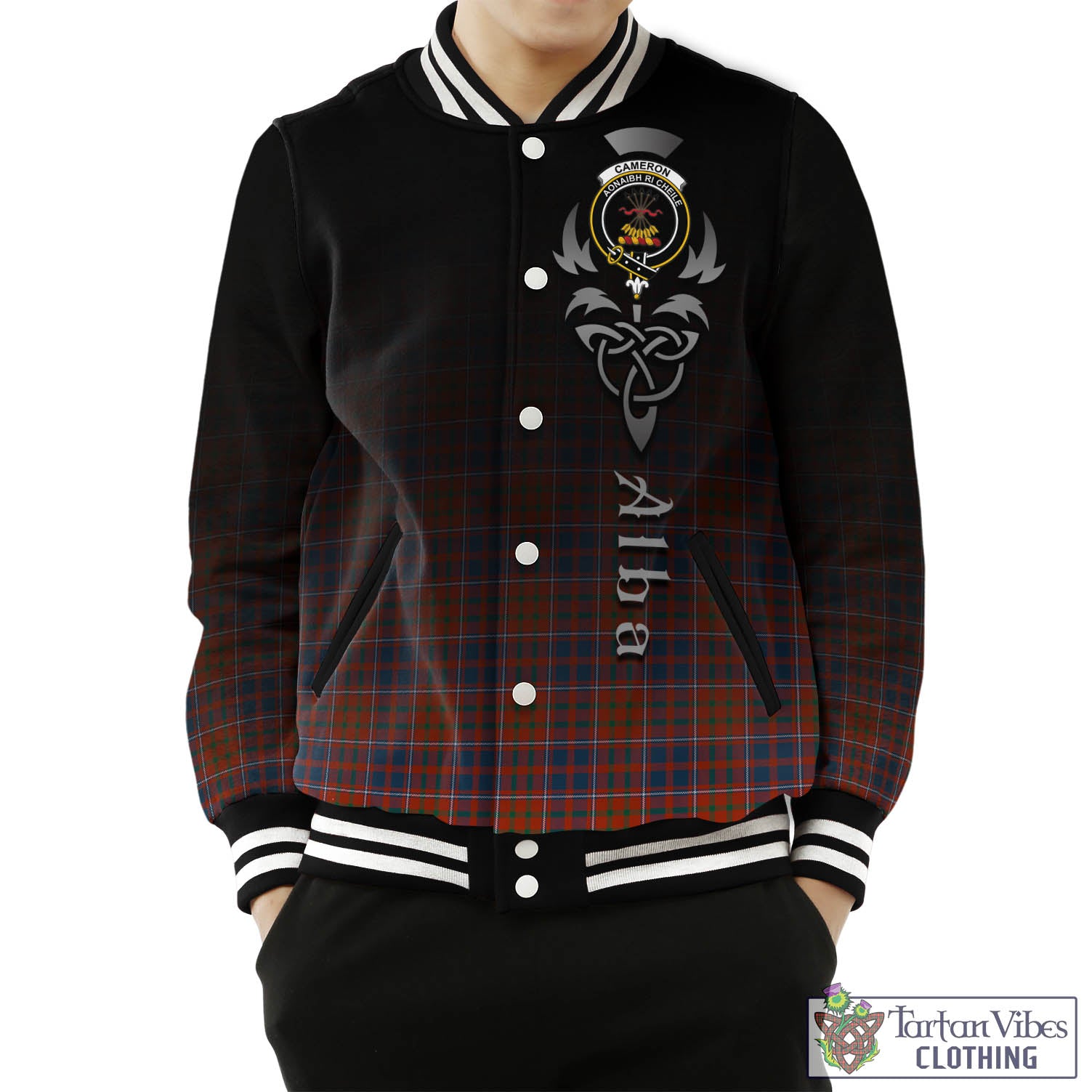 Tartan Vibes Clothing Cameron of Lochiel Ancient Tartan Baseball Jacket Featuring Alba Gu Brath Family Crest Celtic Inspired