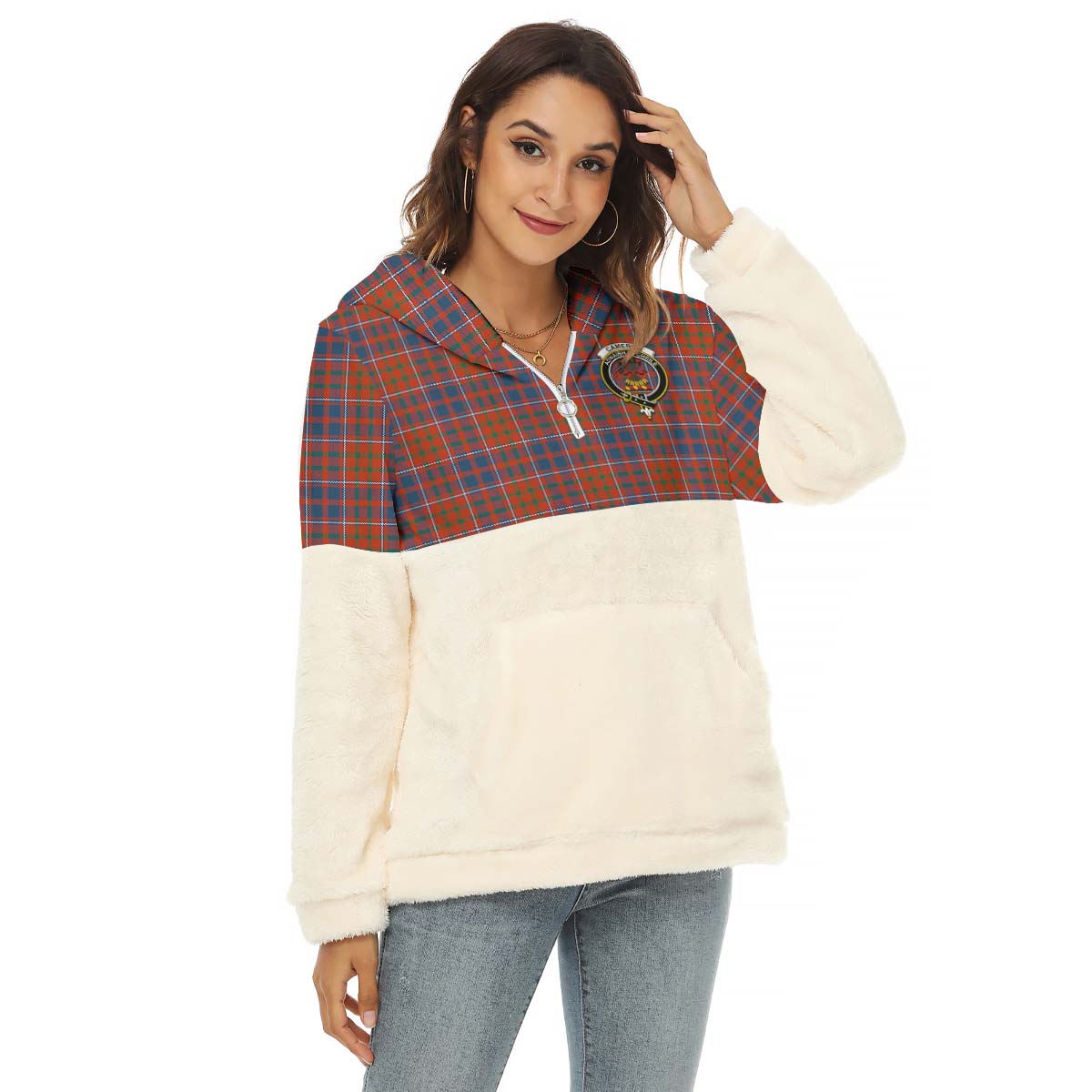 Cameron of Lochiel Ancient Tartan Women's Borg Fleece Hoodie With Half Zip with Family Crest Female - Tartan Vibes Clothing