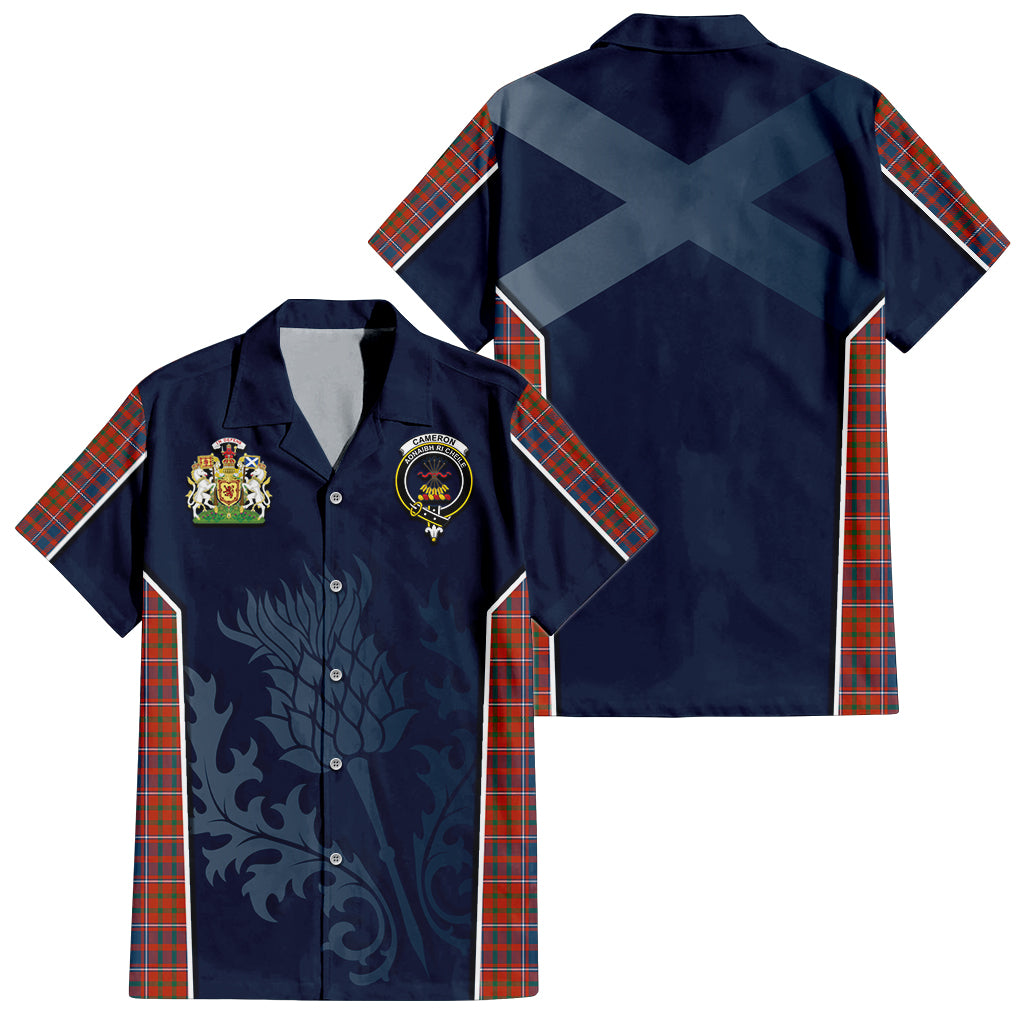 Tartan Vibes Clothing Cameron of Lochiel Ancient Tartan Short Sleeve Button Up Shirt with Family Crest and Scottish Thistle Vibes Sport Style