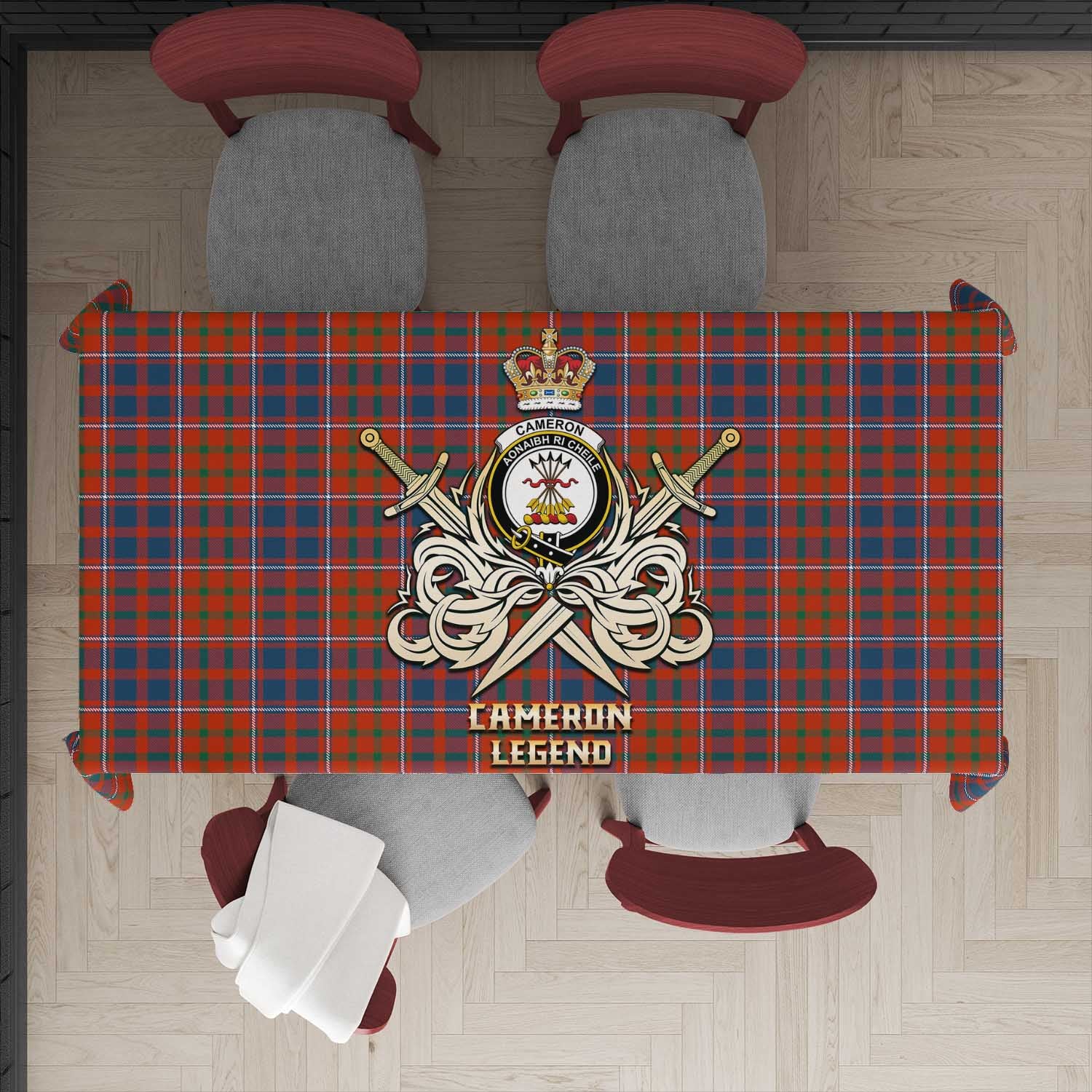 Tartan Vibes Clothing Cameron of Lochiel Ancient Tartan Tablecloth with Clan Crest and the Golden Sword of Courageous Legacy