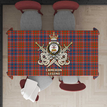 Cameron of Lochiel Ancient Tartan Tablecloth with Clan Crest and the Golden Sword of Courageous Legacy