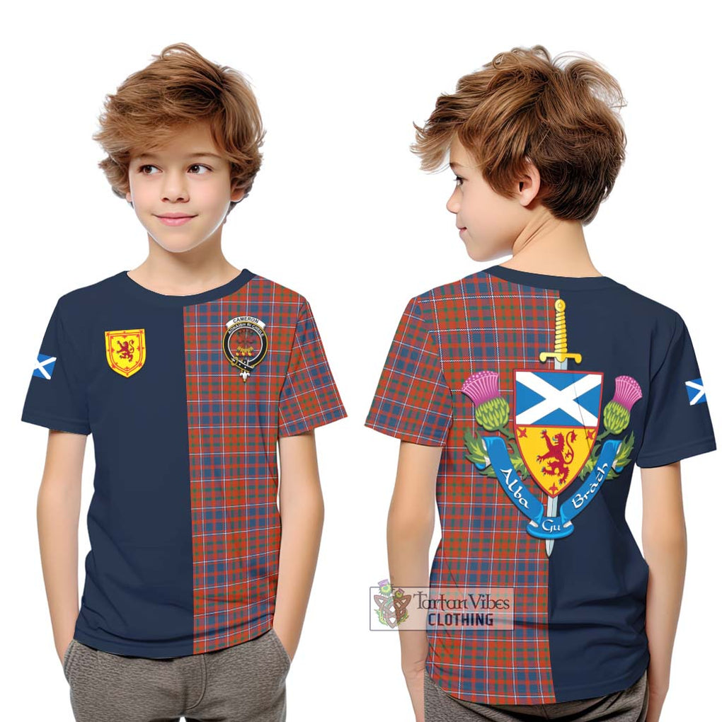 Tartan Vibes Clothing Cameron of Lochiel Ancient Tartan Kid T-Shirt with Scottish Lion Royal Arm Half Style