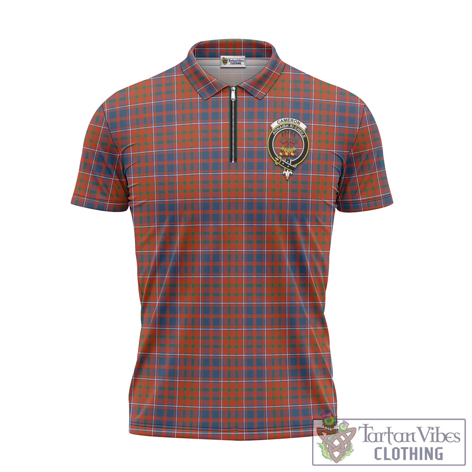 Tartan Vibes Clothing Cameron of Lochiel Ancient Tartan Zipper Polo Shirt with Family Crest