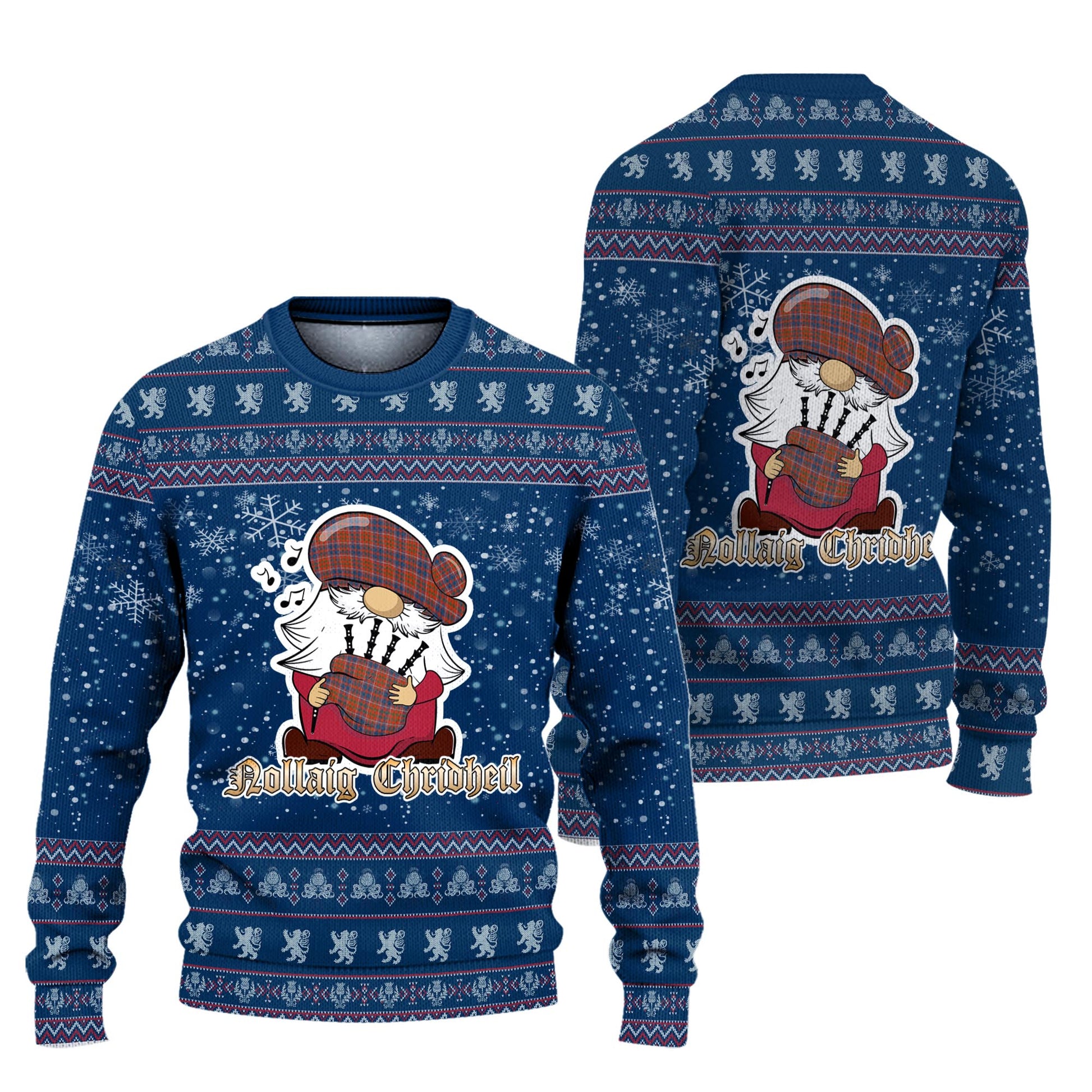 Cameron of Lochiel Ancient Clan Christmas Family Knitted Sweater with Funny Gnome Playing Bagpipes Unisex Blue - Tartanvibesclothing