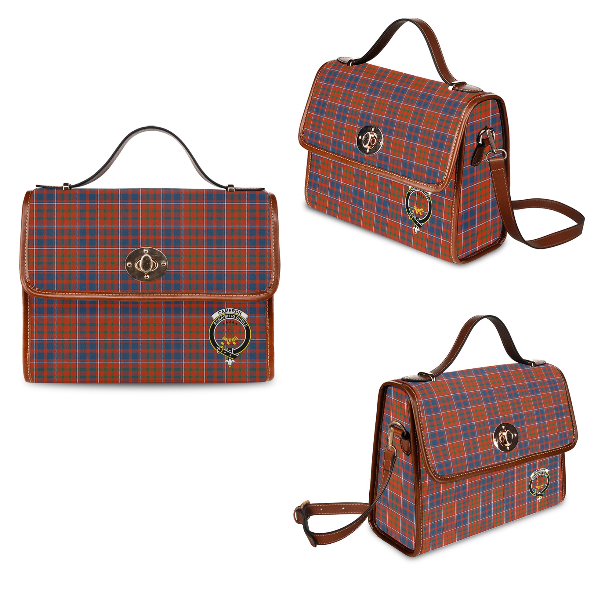 cameron-of-lochiel-ancient-tartan-leather-strap-waterproof-canvas-bag-with-family-crest