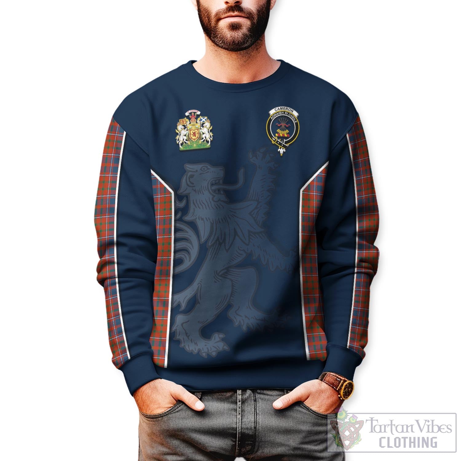 Tartan Vibes Clothing Cameron of Lochiel Ancient Tartan Sweater with Family Crest and Lion Rampant Vibes Sport Style