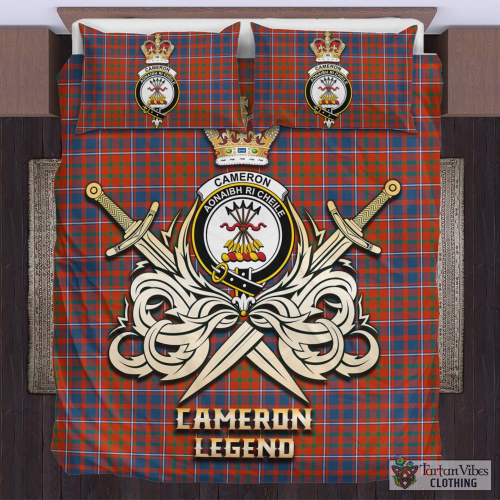 Tartan Vibes Clothing Cameron of Lochiel Ancient Tartan Bedding Set with Clan Crest and the Golden Sword of Courageous Legacy