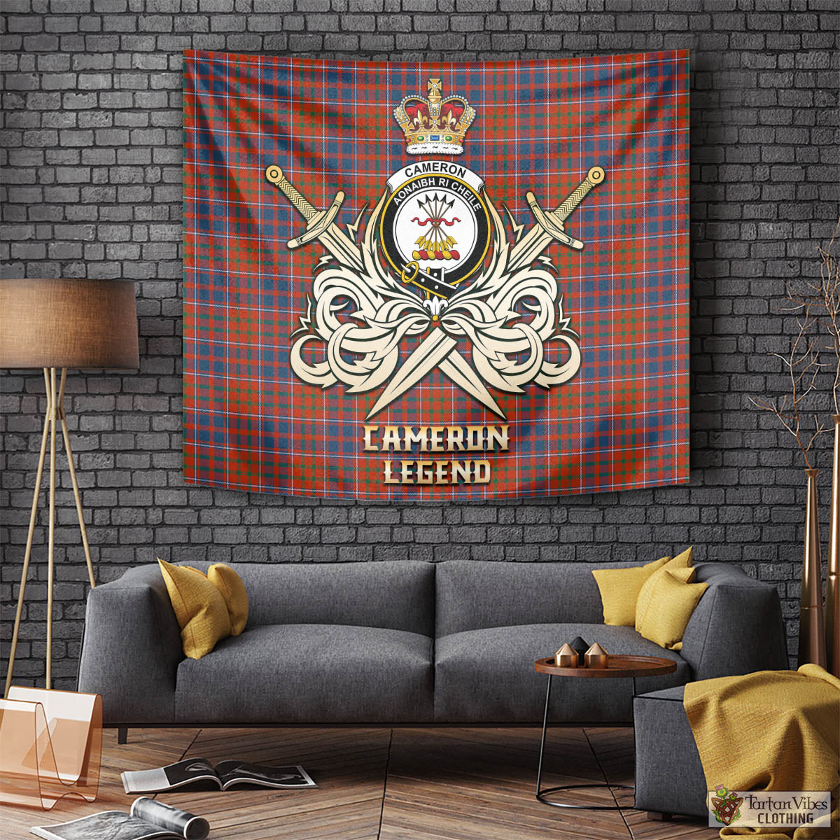 Tartan Vibes Clothing Cameron of Lochiel Ancient Tartan Tapestry with Clan Crest and the Golden Sword of Courageous Legacy