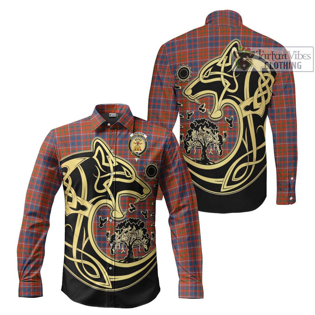 Cameron of Lochiel Ancient Tartan Long Sleeve Button Shirt with Family Crest Celtic Wolf Style Men's Shirt S - Tartan Vibes Clothing