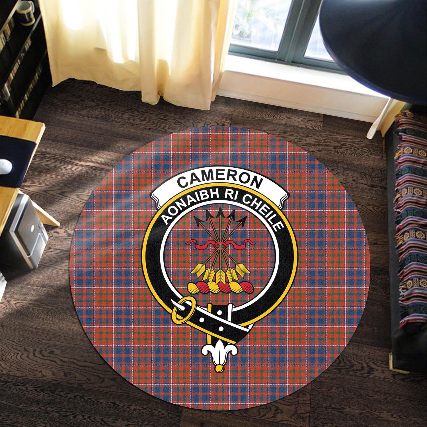 Cameron of Lochiel Ancient Tartan Round Rug with Family Crest - Tartanvibesclothing