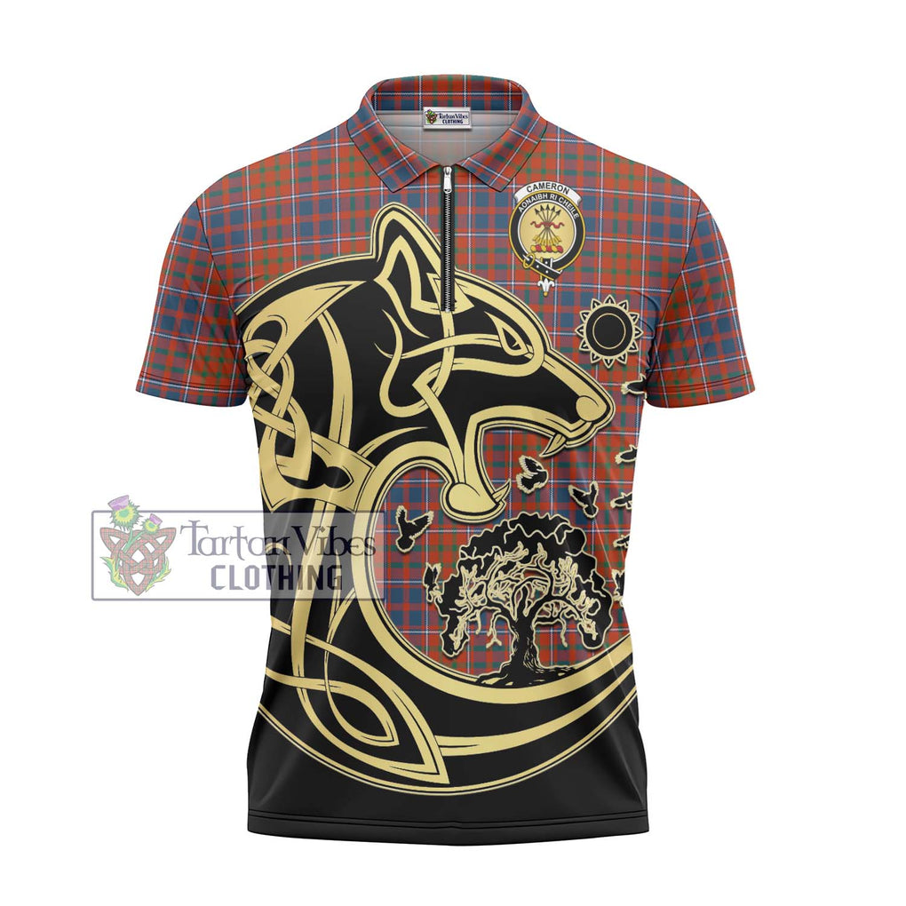 Cameron of Lochiel Ancient Tartan Zipper Polo Shirt with Family Crest Celtic Wolf Style - Tartanvibesclothing Shop