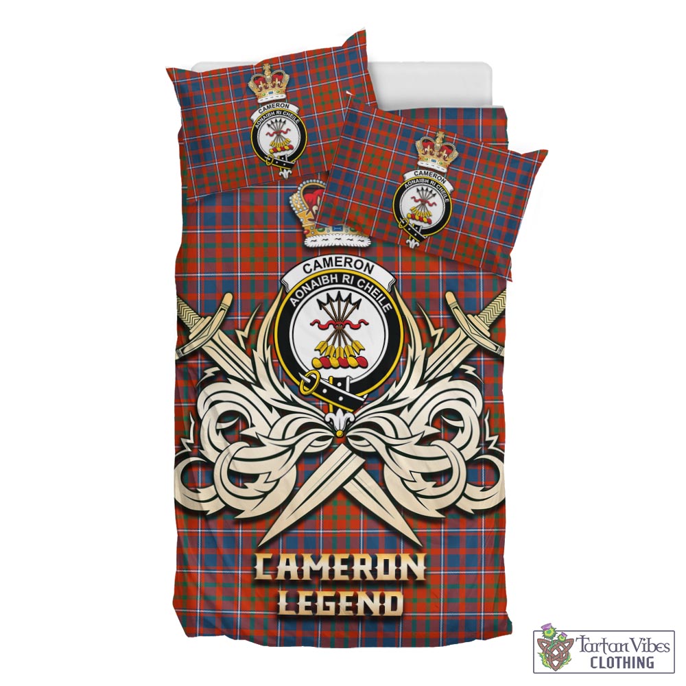 Tartan Vibes Clothing Cameron of Lochiel Ancient Tartan Bedding Set with Clan Crest and the Golden Sword of Courageous Legacy