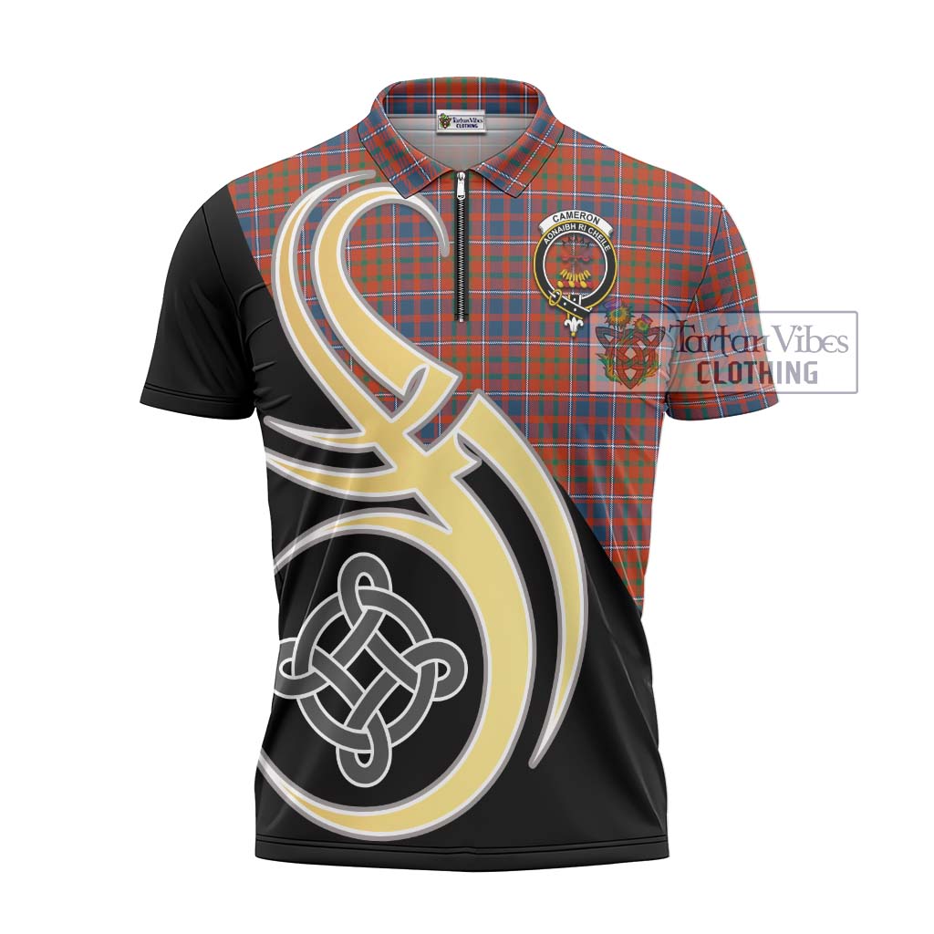 Tartan Vibes Clothing Cameron of Lochiel Ancient Tartan Zipper Polo Shirt with Family Crest and Celtic Symbol Style