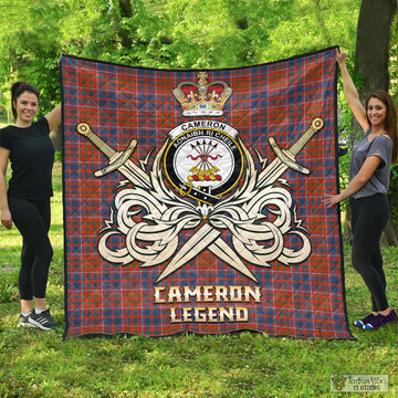 Cameron of Lochiel Ancient Tartan Quilt with Clan Crest and the Golden Sword of Courageous Legacy