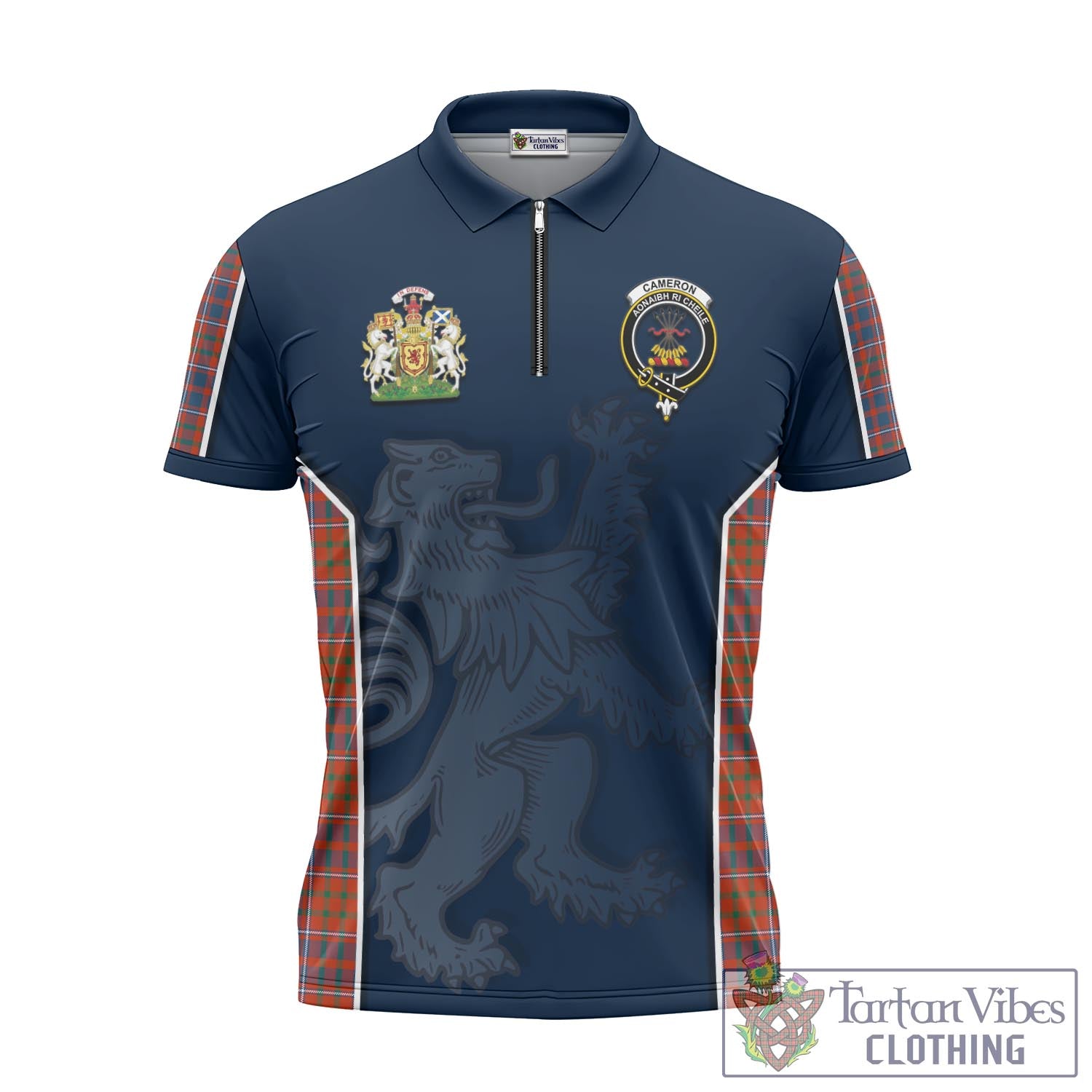 Tartan Vibes Clothing Cameron of Lochiel Ancient Tartan Zipper Polo Shirt with Family Crest and Lion Rampant Vibes Sport Style