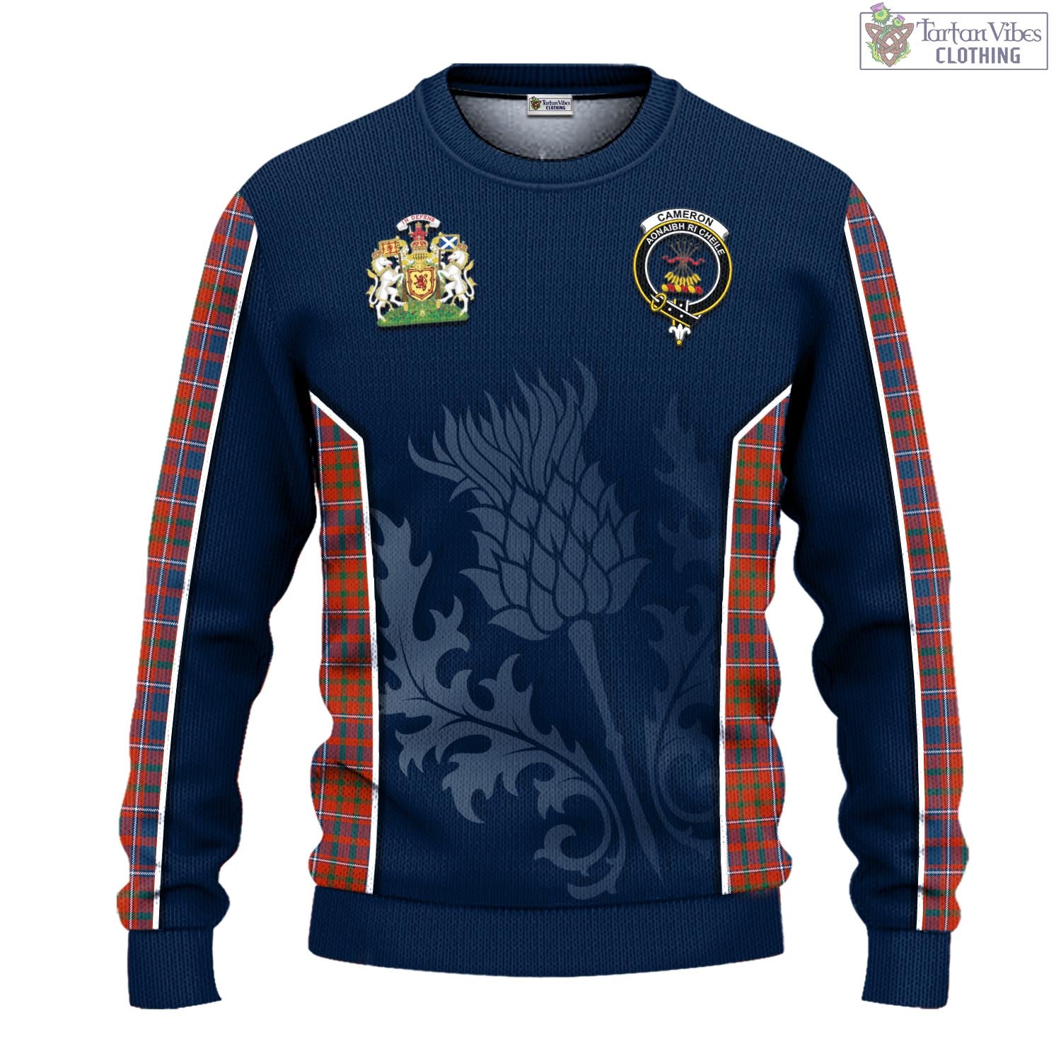 Tartan Vibes Clothing Cameron of Lochiel Ancient Tartan Knitted Sweatshirt with Family Crest and Scottish Thistle Vibes Sport Style