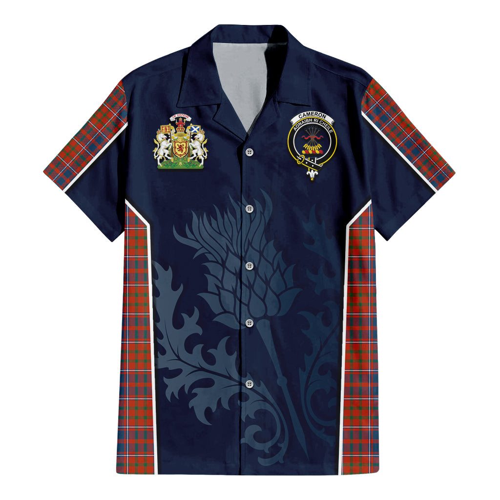 Tartan Vibes Clothing Cameron of Lochiel Ancient Tartan Short Sleeve Button Up Shirt with Family Crest and Scottish Thistle Vibes Sport Style