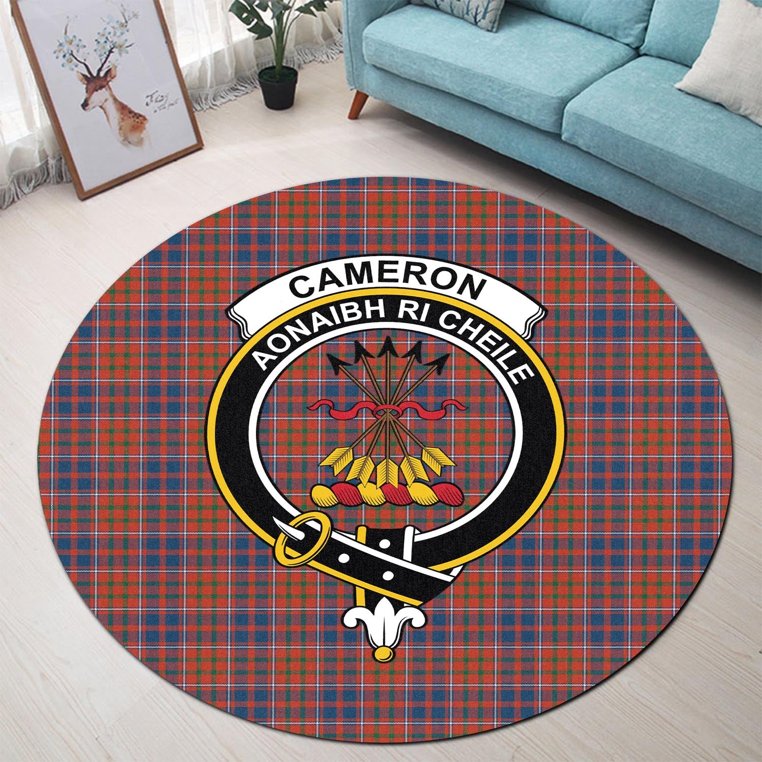 Cameron of Lochiel Ancient Tartan Round Rug with Family Crest - Tartanvibesclothing