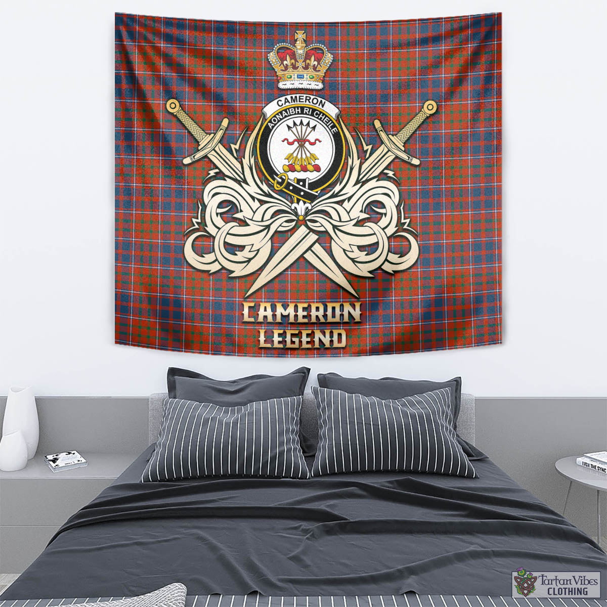 Tartan Vibes Clothing Cameron of Lochiel Ancient Tartan Tapestry with Clan Crest and the Golden Sword of Courageous Legacy